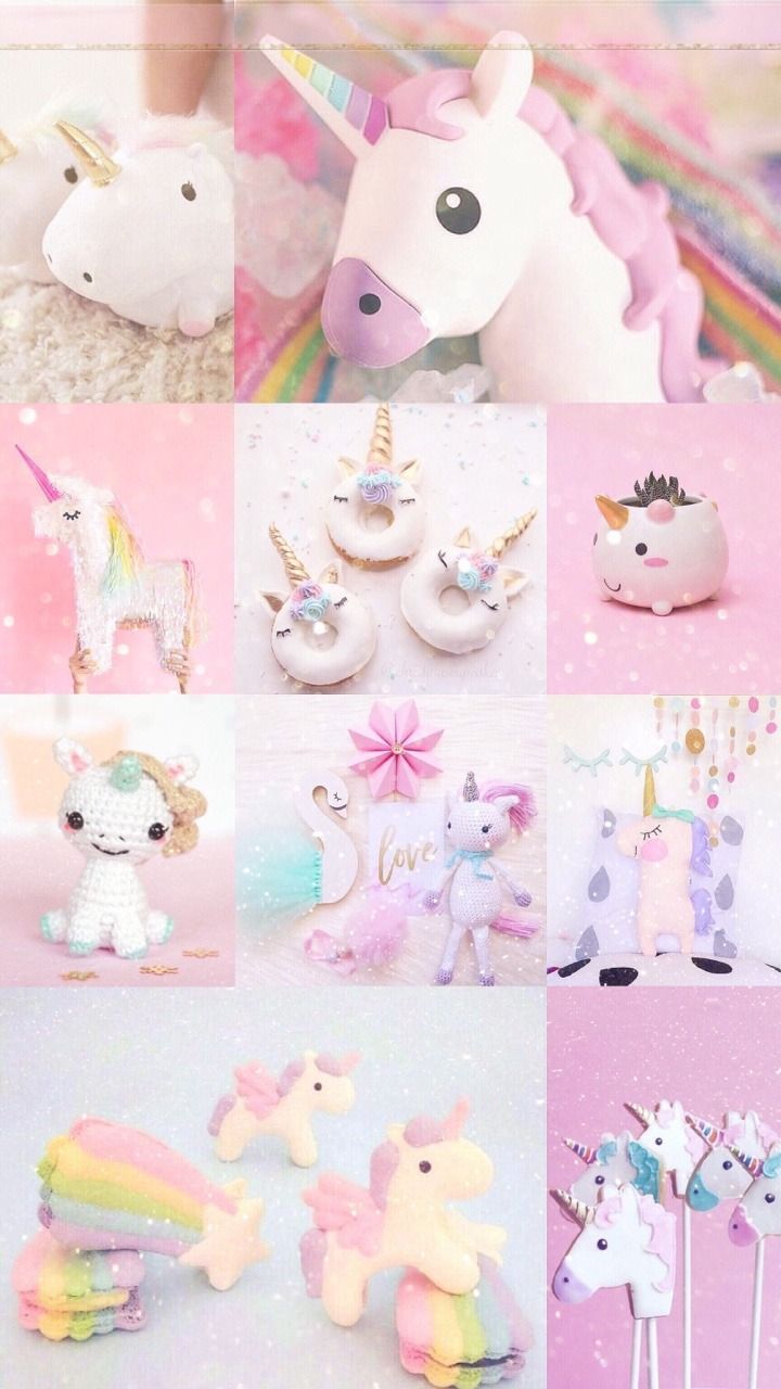 A collage of unicorn themed items such as donuts, a stuffed unicorn, and a rainbow. - Unicorn