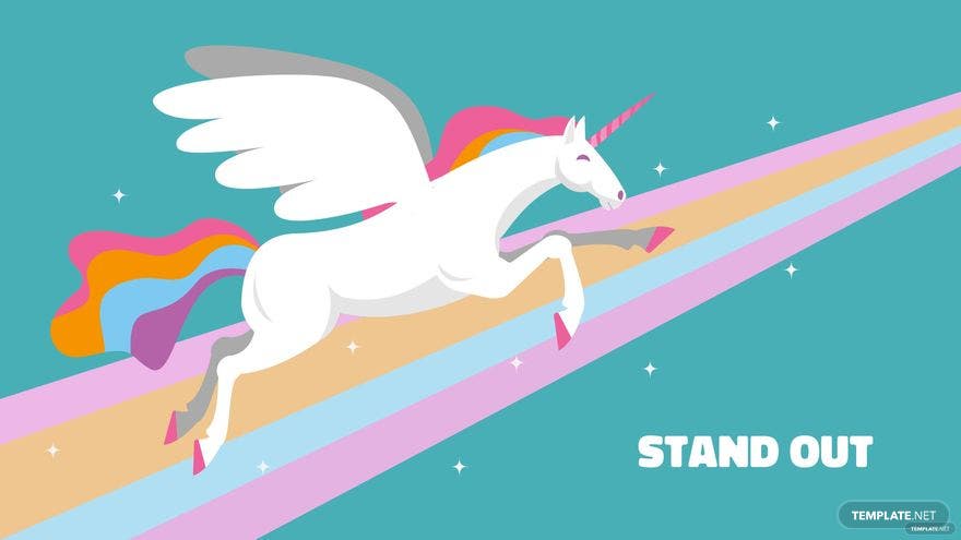 A white unicorn with rainbow mane and tail gallops on a rainbow. - Unicorn