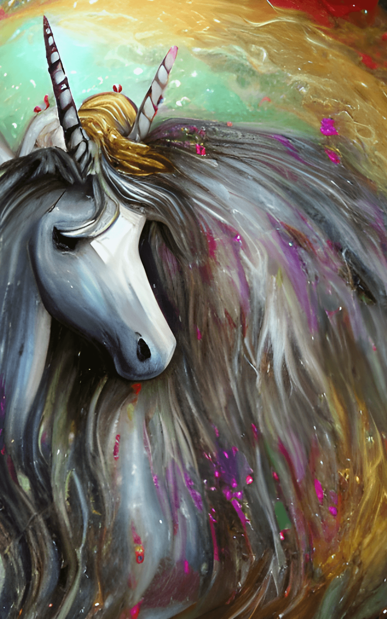 A painting of a black unicorn with a rainbow mane and tail. - Unicorn