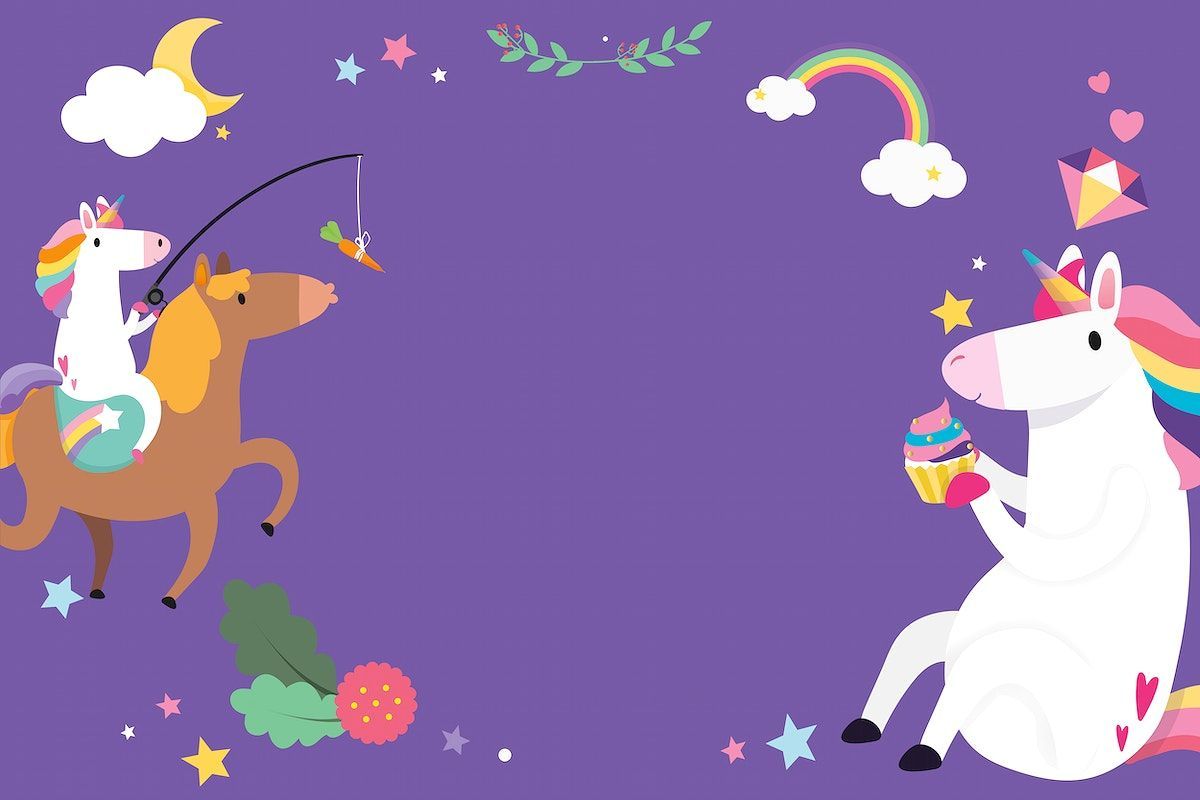 A purple background with unicorns and rainbow - Unicorn