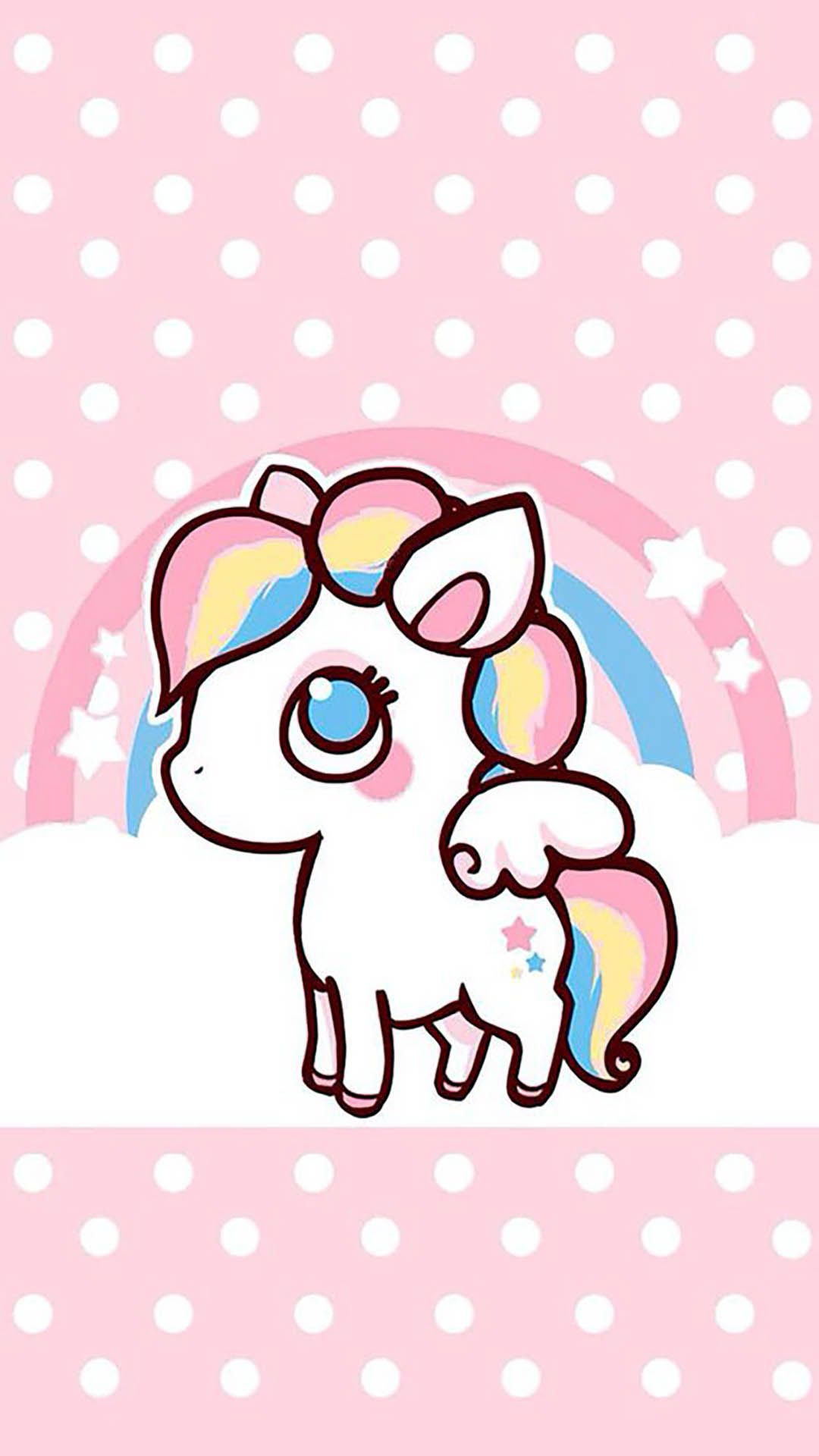 A cute pink and white unicorn on polka dot background - Unicorn