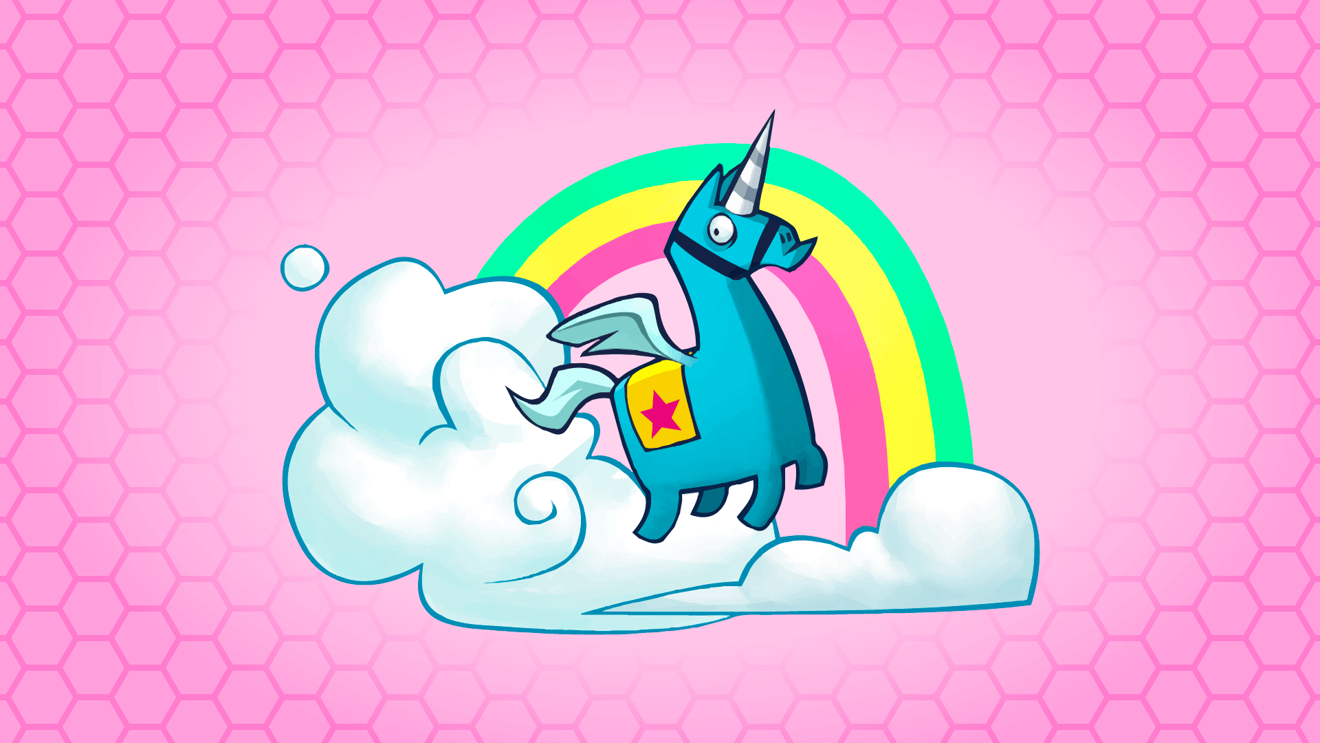 A blue dragon with a horn and wings, flying through the clouds with a bag of gold. - Unicorn