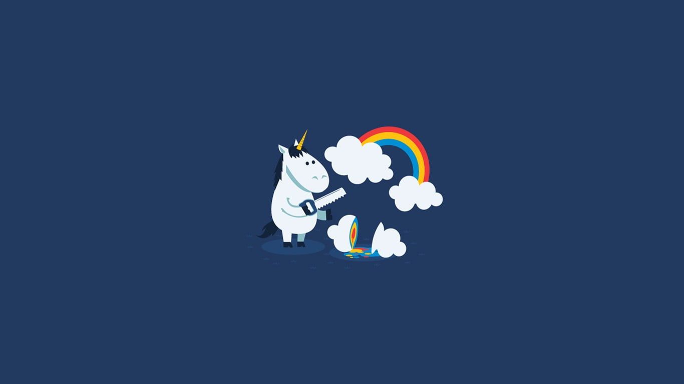 A white unicorn holding a chainsaw and cutting a rainbow in half - Unicorn