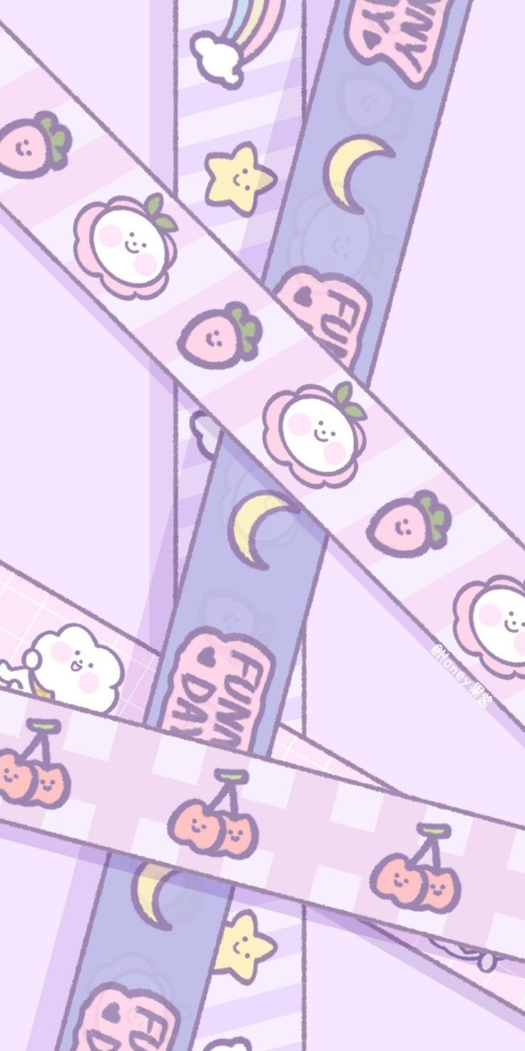 Pastel pink and purple kawaii phone wallpaper with cute fruit characters and a pattern of clouds, stars, moons, and pumpkins. - Pastel, pastel purple