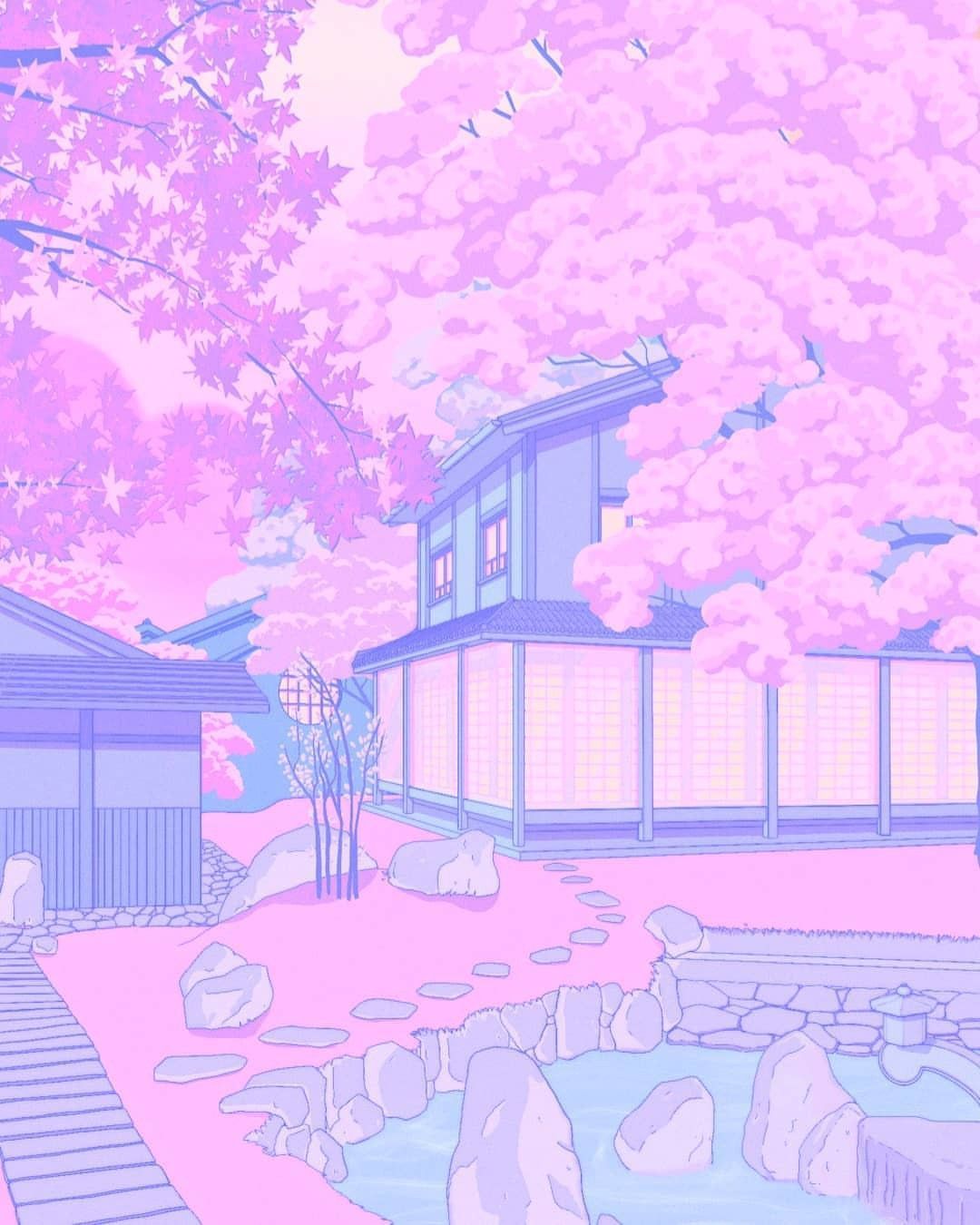 A pink and purple house with trees in the background - Pastel, Japanese, kawaii, Japan
