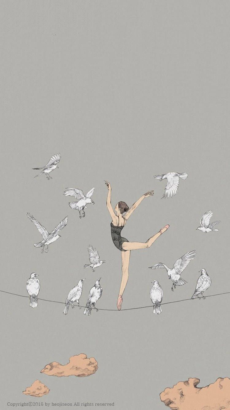 A woman in a black leotard balances on a wire with birds flying around her. - Ballet, dance
