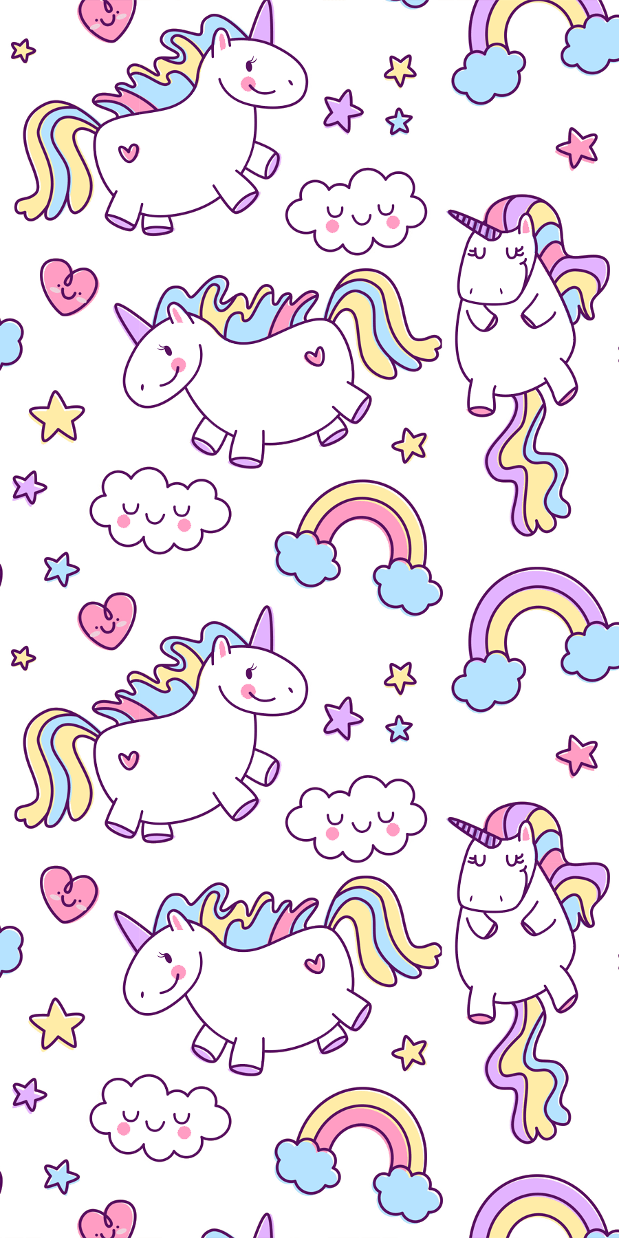 A wallpaper with unicorns, clouds, hearts, and rainbows. - Unicorn