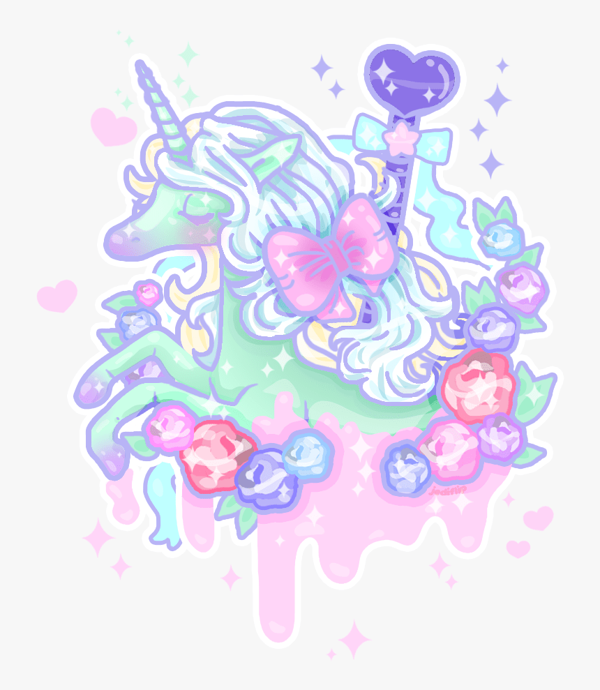 A sticker of a unicorn with a pink bow on its head, surrounded by a heart, a lollypop, and flowers. - Unicorn
