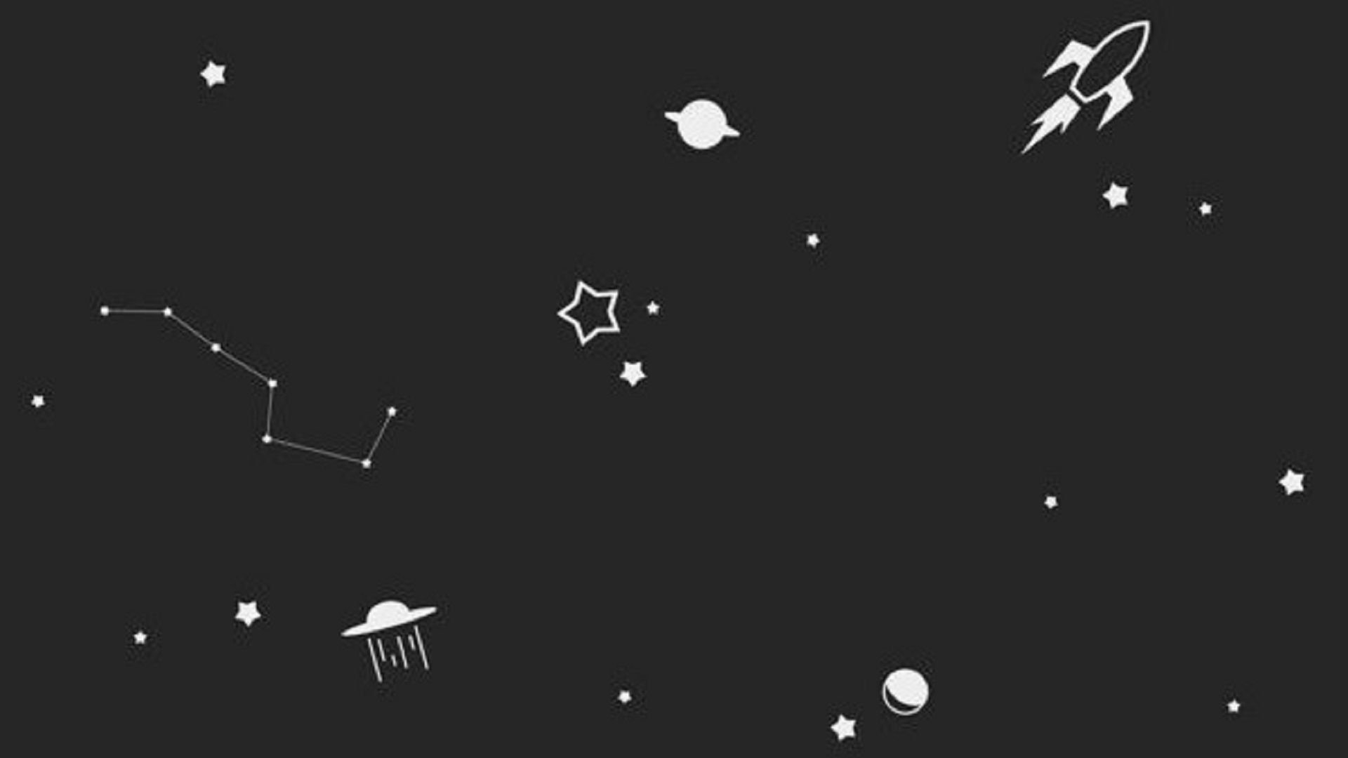 A black background with white stars, planets, a rocket ship and a shooting star. - Gray