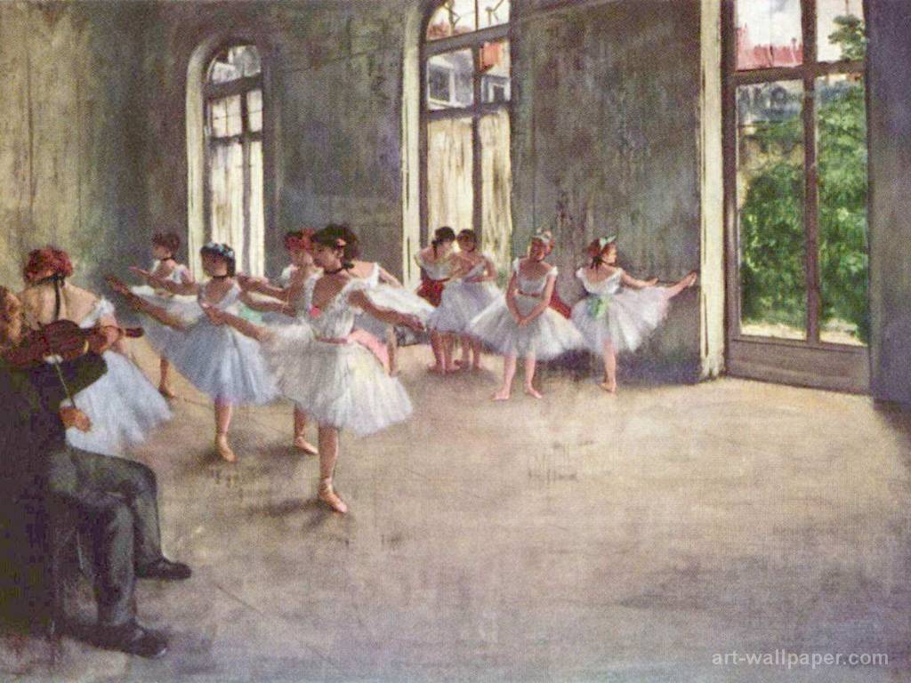 Ballerinas in the Rehearsal Room, by Edgar Degas, 1874.<ref> The dancers</ref><box>(19,323),(769,758)</box> are shown in the same pose, with the same arm movement, as in the painting of the ballet class. - Ballet