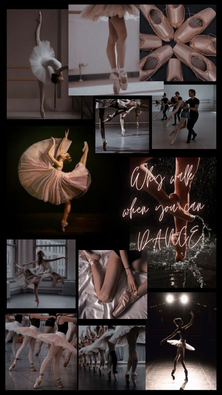 A collage of photos of ballerinas in various positions and a quote that says 