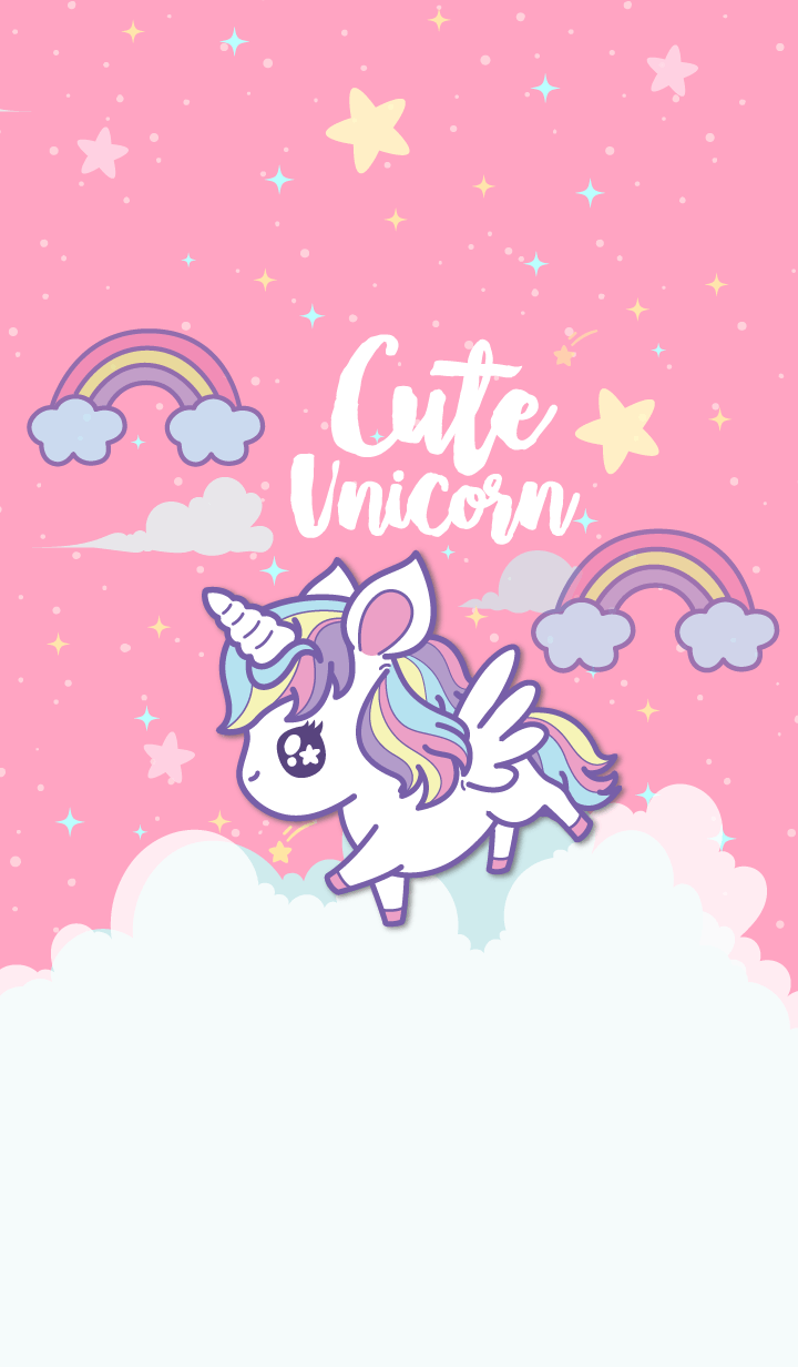 A cute unicorn flying in the sky with clouds and rainbows.  - Unicorn