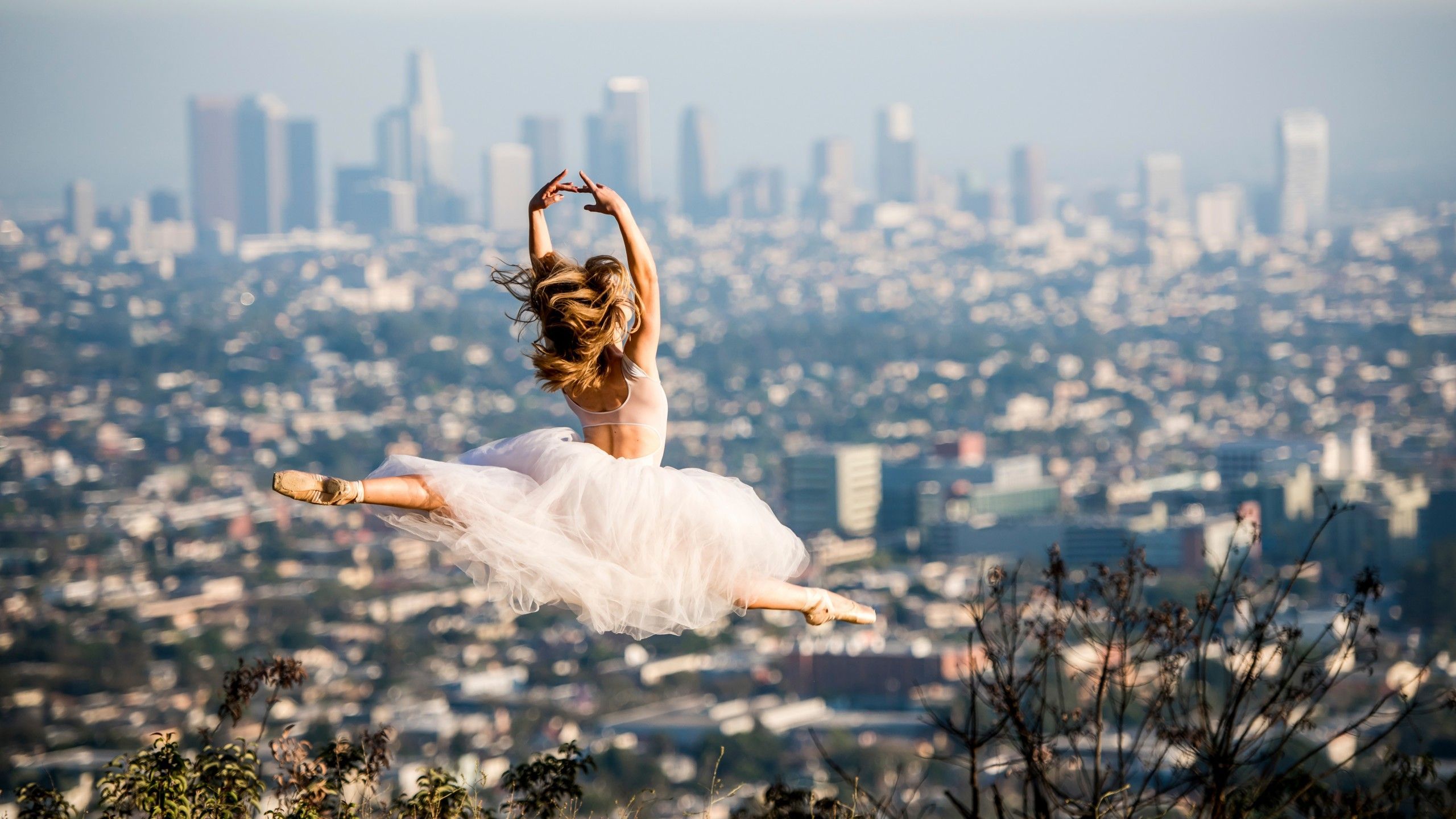 A ballerina is in the air overlooking la - Ballet