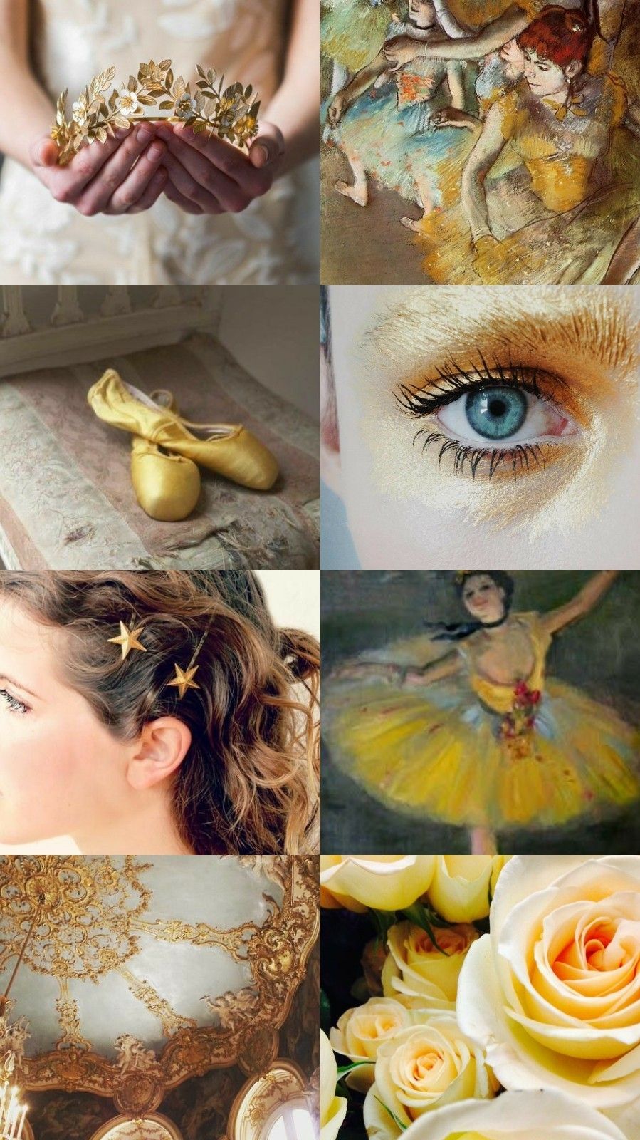 Collage of images of a ballerina, gold accessories, and a painting. - Ballet