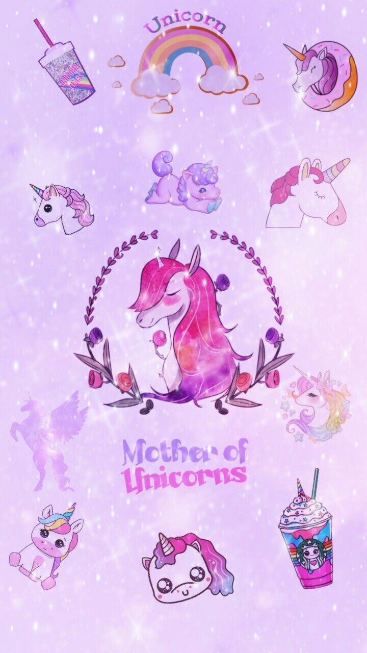 A purple background with various unicorns and drink - Unicorn