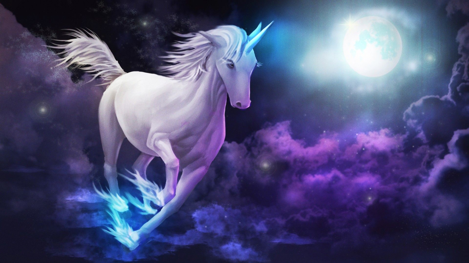 A white unicorn with blue fire hooves - Unicorn
