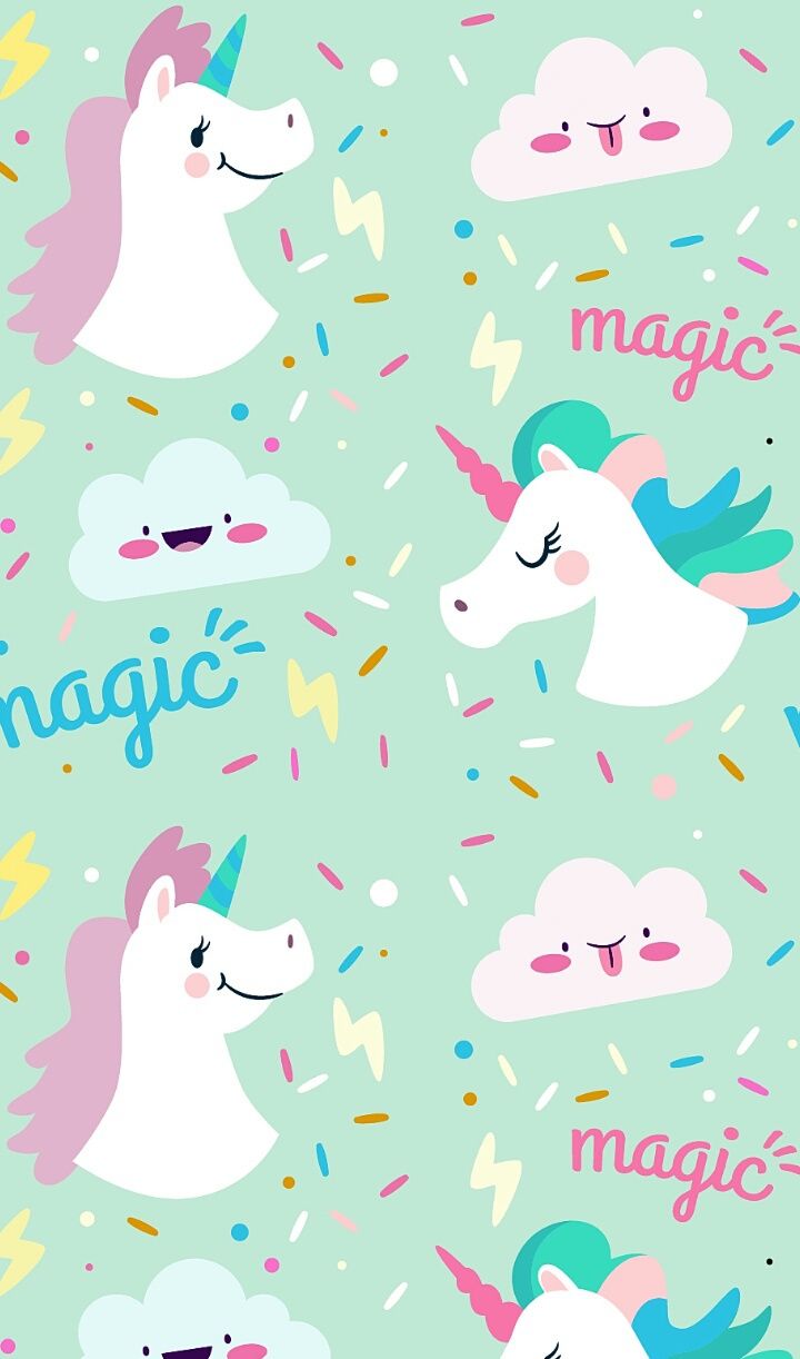 Unicorns, clouds, and magic are all over this wallpaper. - Unicorn