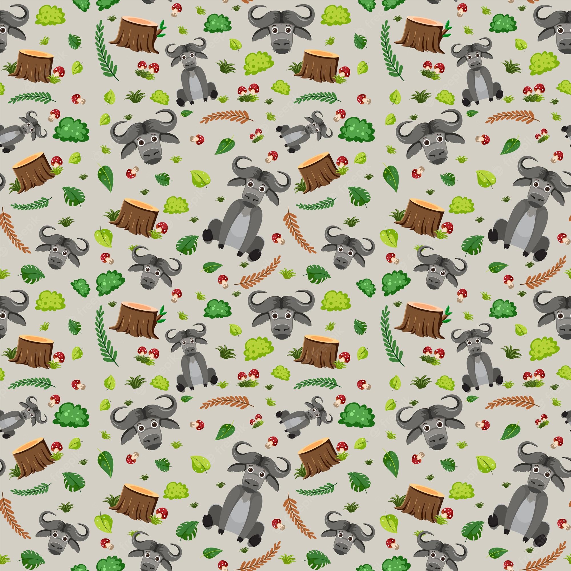A pattern with cartoon buffalo and plants - Sloth