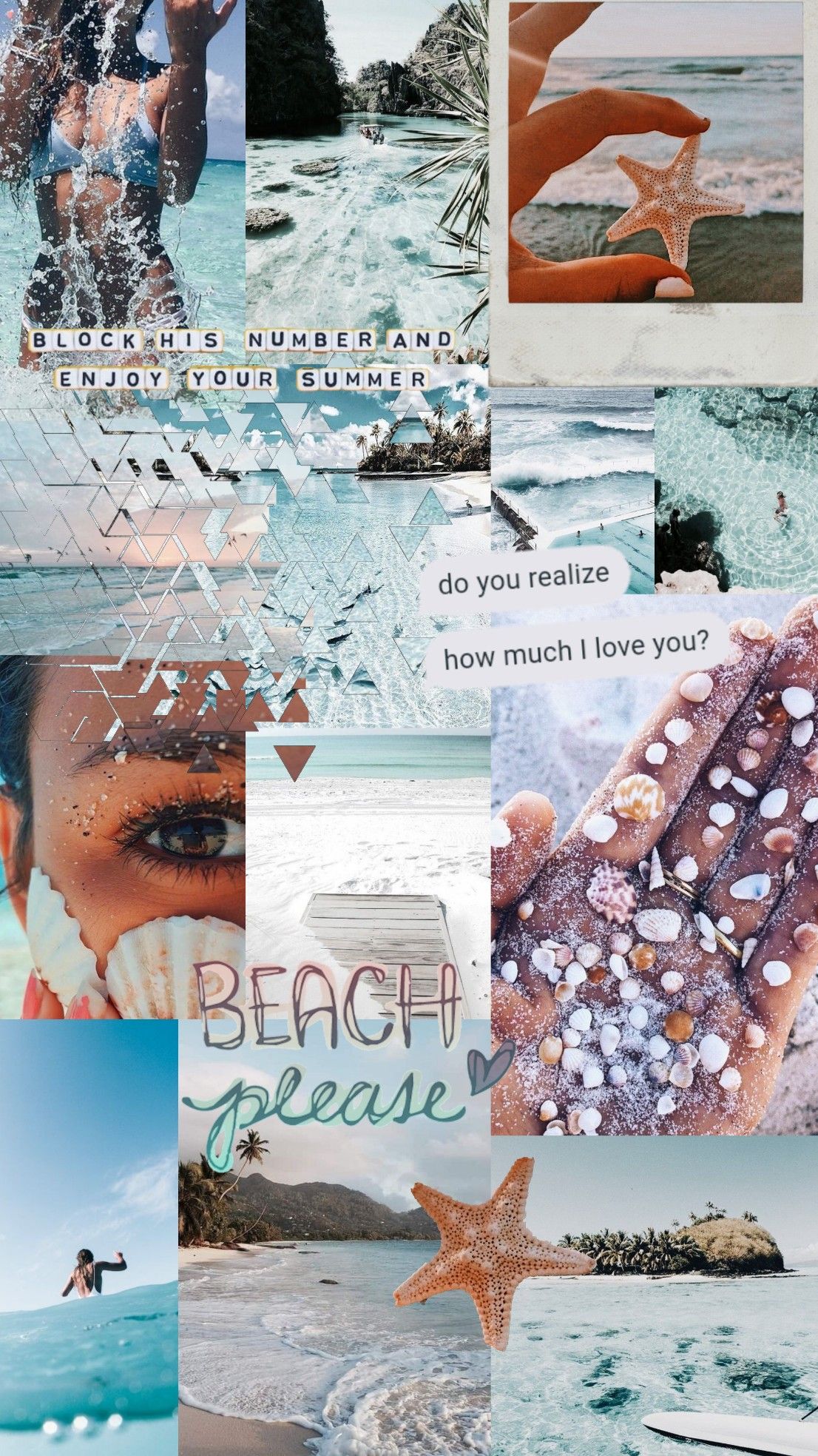 A collage of pictures with the words beach babe - Starfish, summer, collage