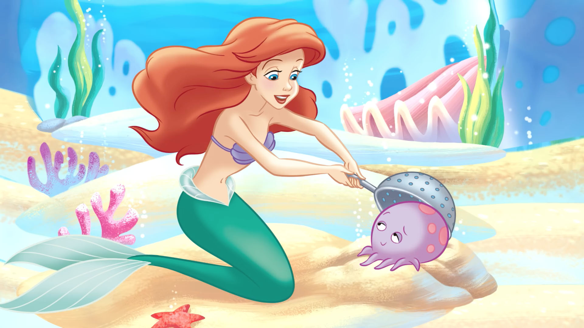 Ariel is picking up an octopus in the ocean - Ariel