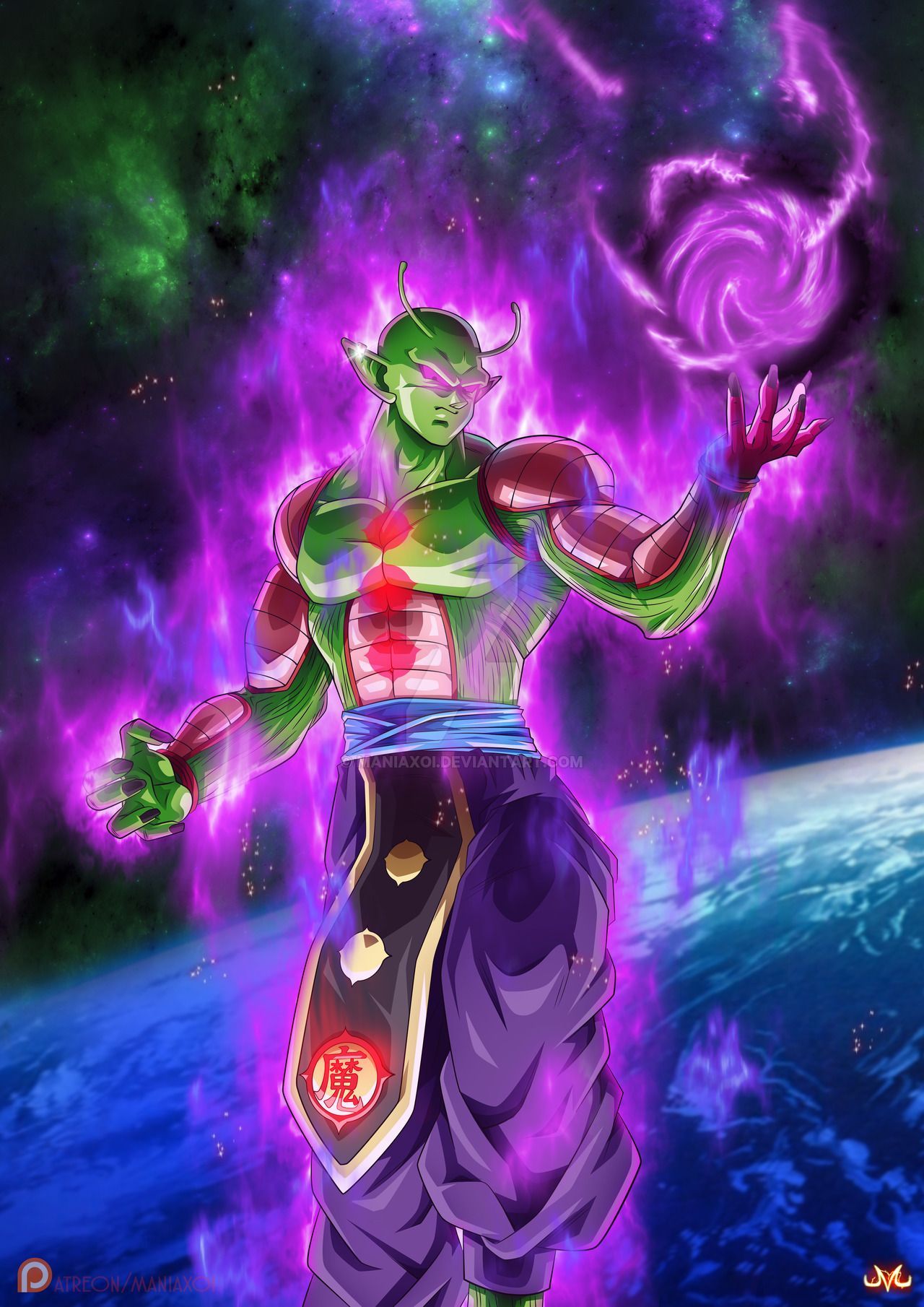 Piccolo, from the Dragon Ball series, is shown in a purple and green suit with a red aura - Dragon Ball