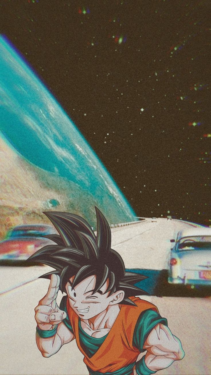 Aesthetic wallpaper of Goku from Dragon Ball Z in front of a car and a planet. - Dragon Ball