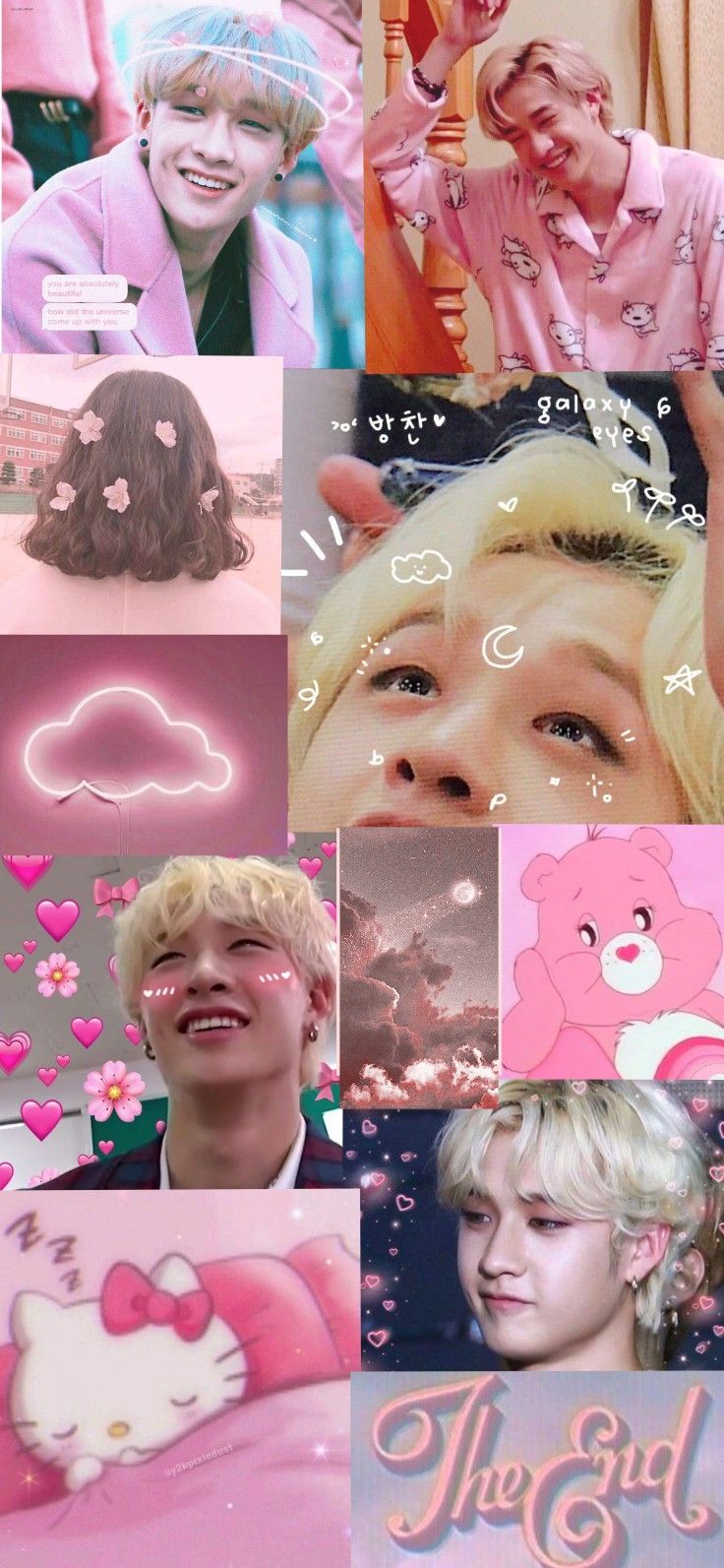 A collage of pictures with different people and pink backgrounds - Bang Chan