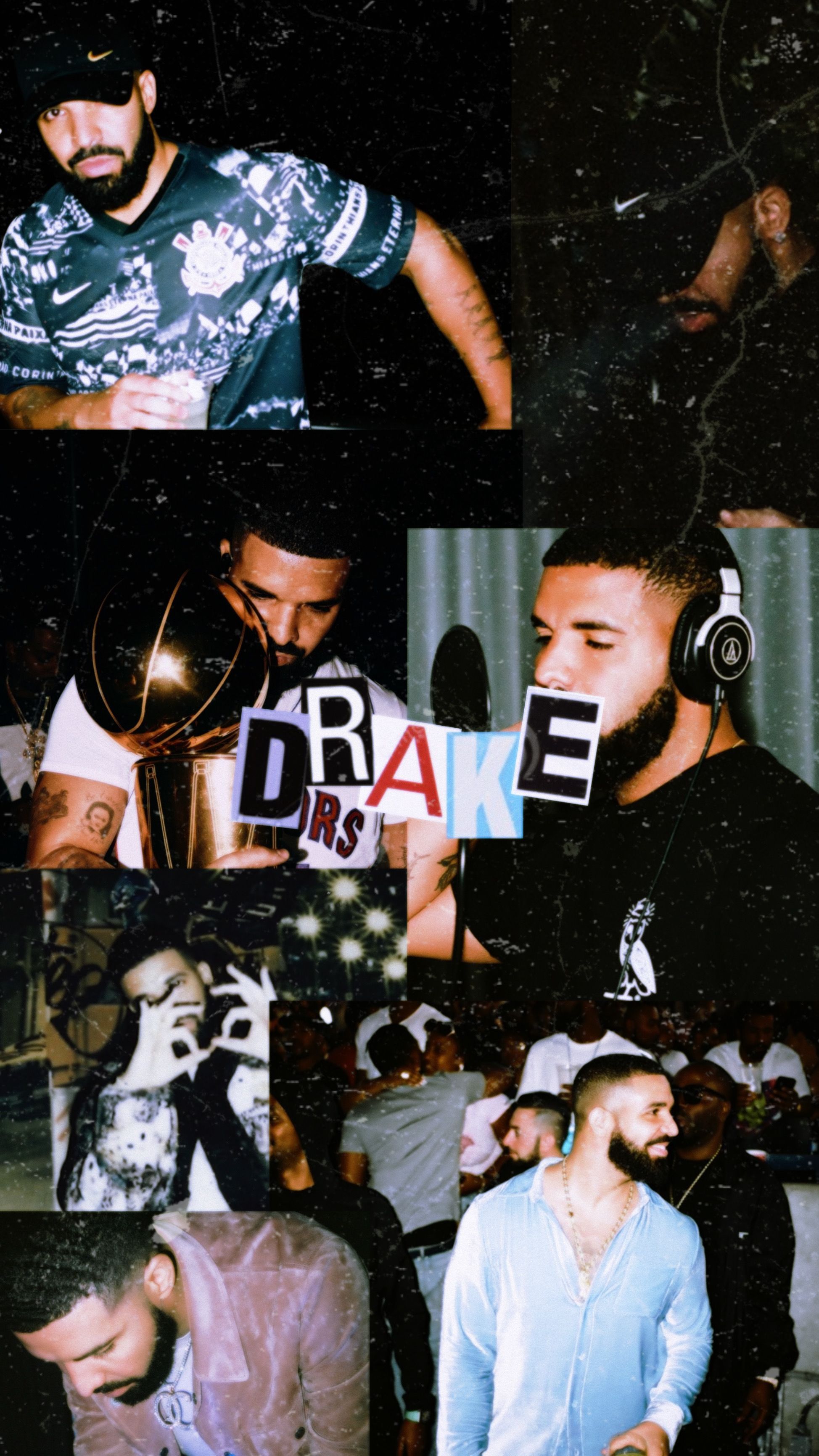 A collage of images of rapper Drake, some of which are photos of him holding a sign with his name on it. - Drake
