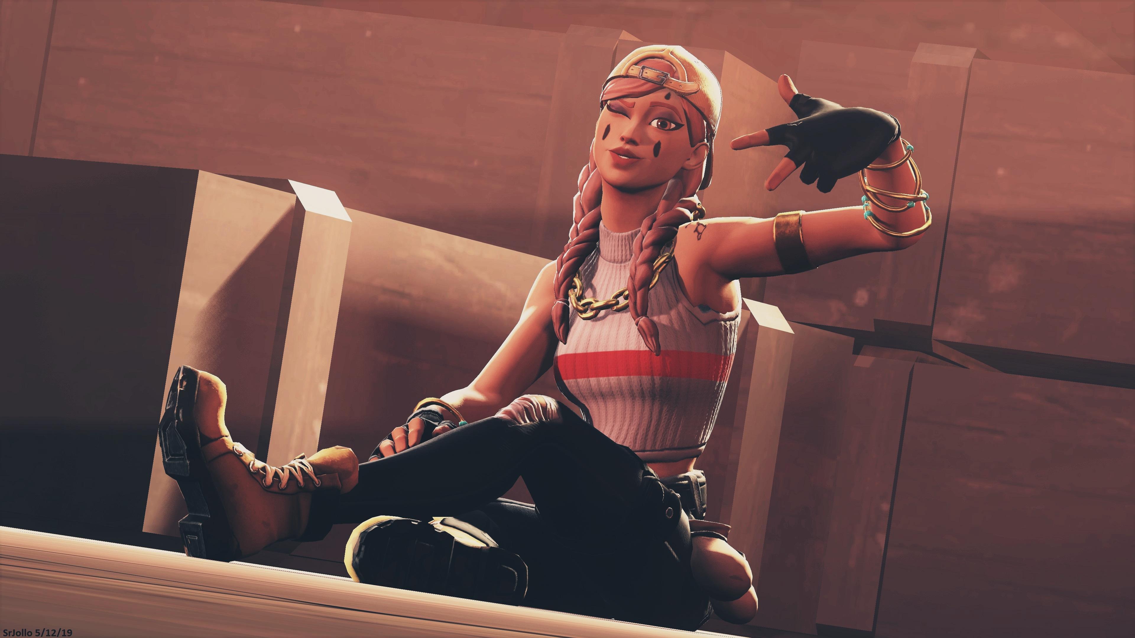 A woman sitting on the ground with her hand up - Fortnite