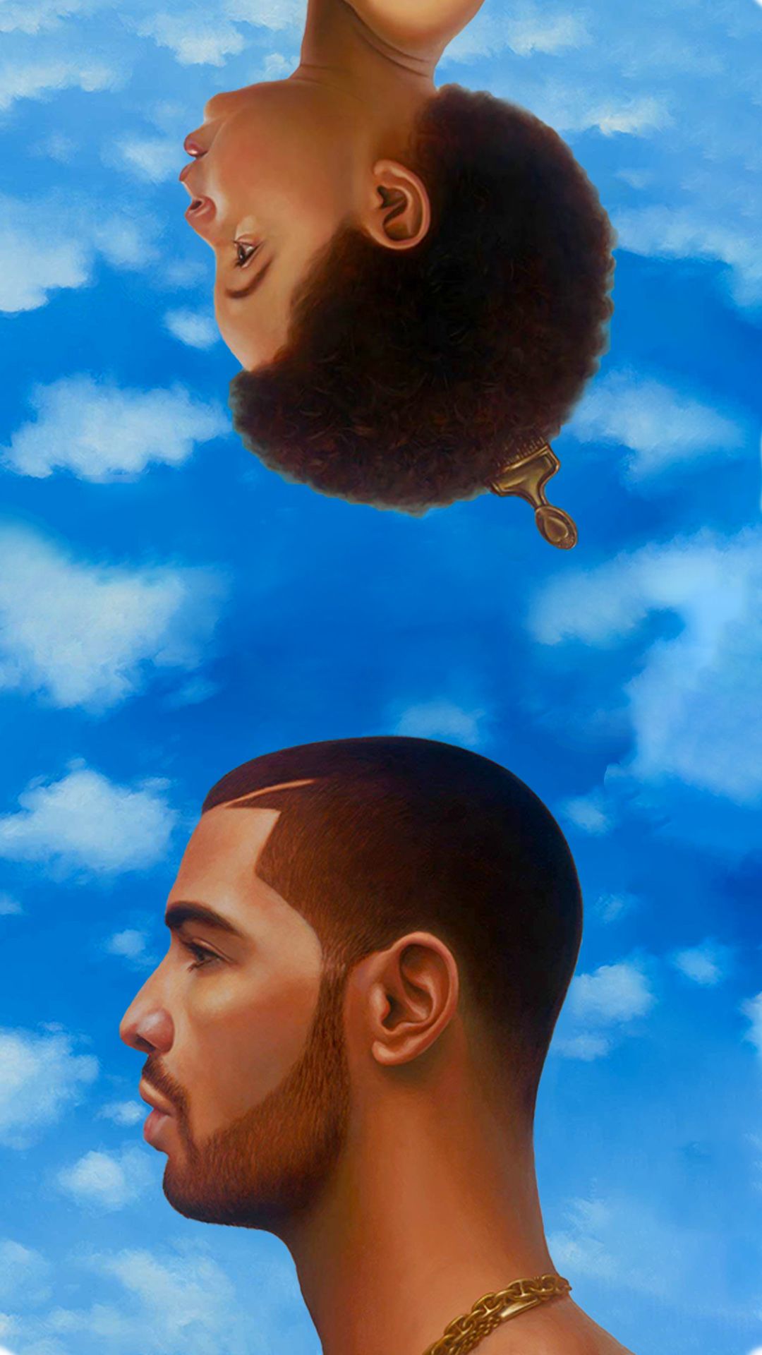 A painting of two people in the sky - Drake