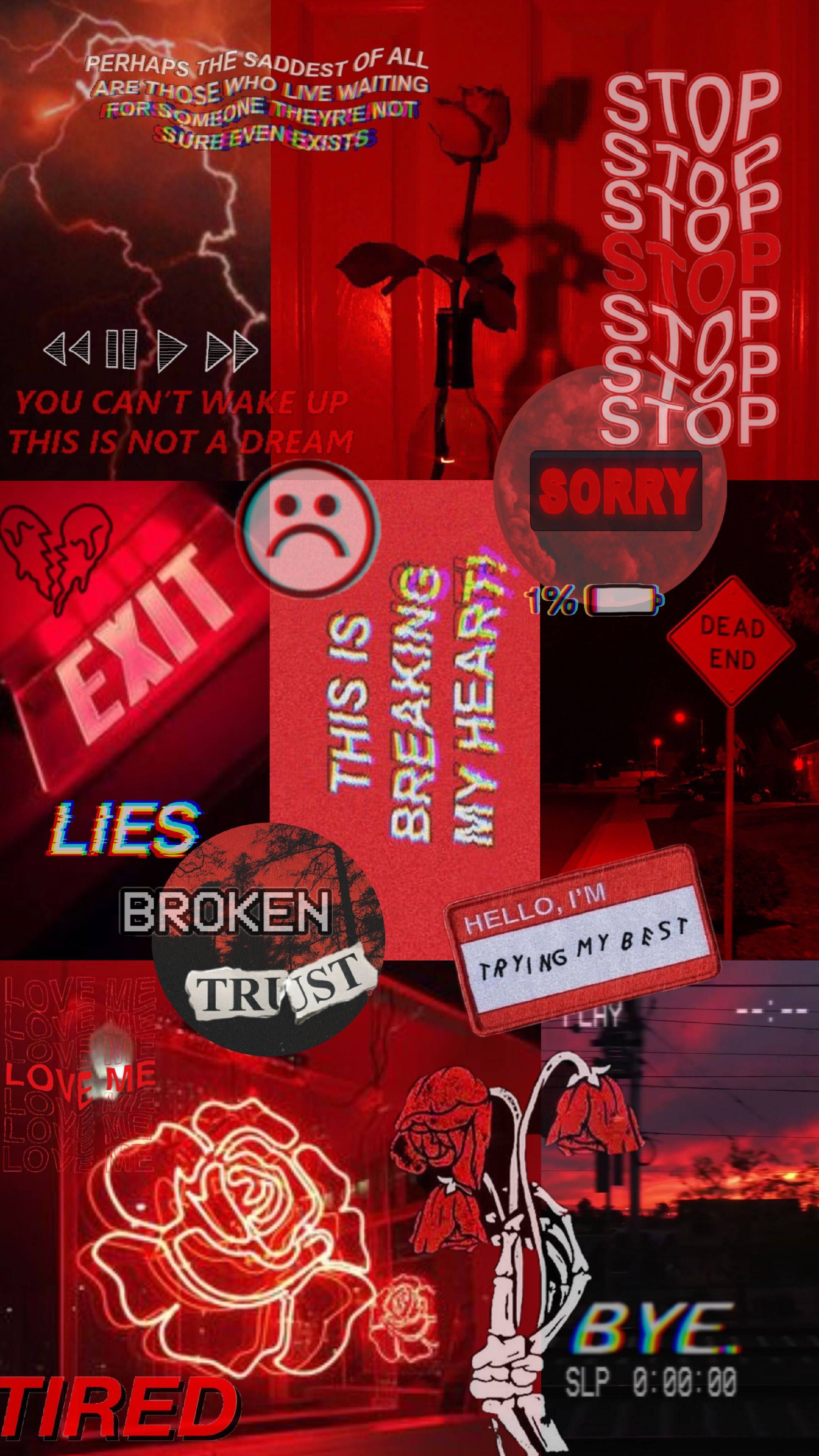 Red aesthetic wallpaper for phone or desktop, with a mix of red and black emojis, roses, broken trust, sorry, broken heart, and more. - Red, dark red, iPhone red