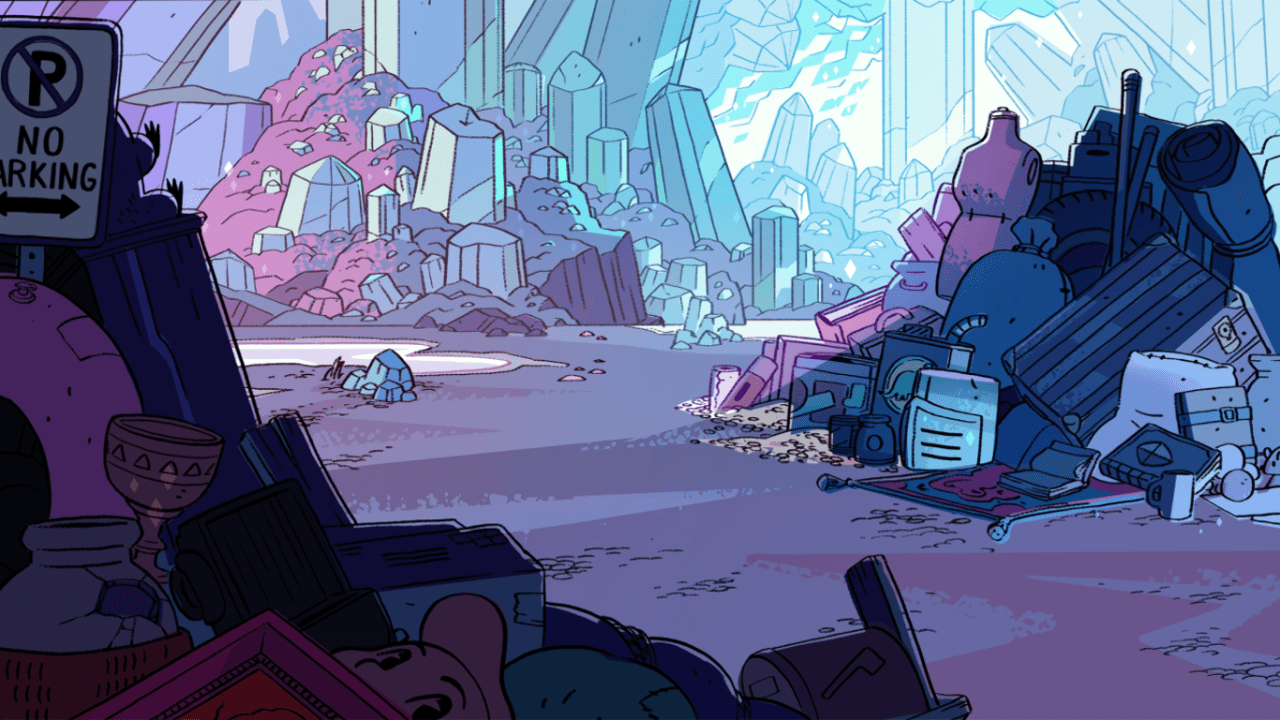 A cartoonish scene of trash and debris - Steven Universe