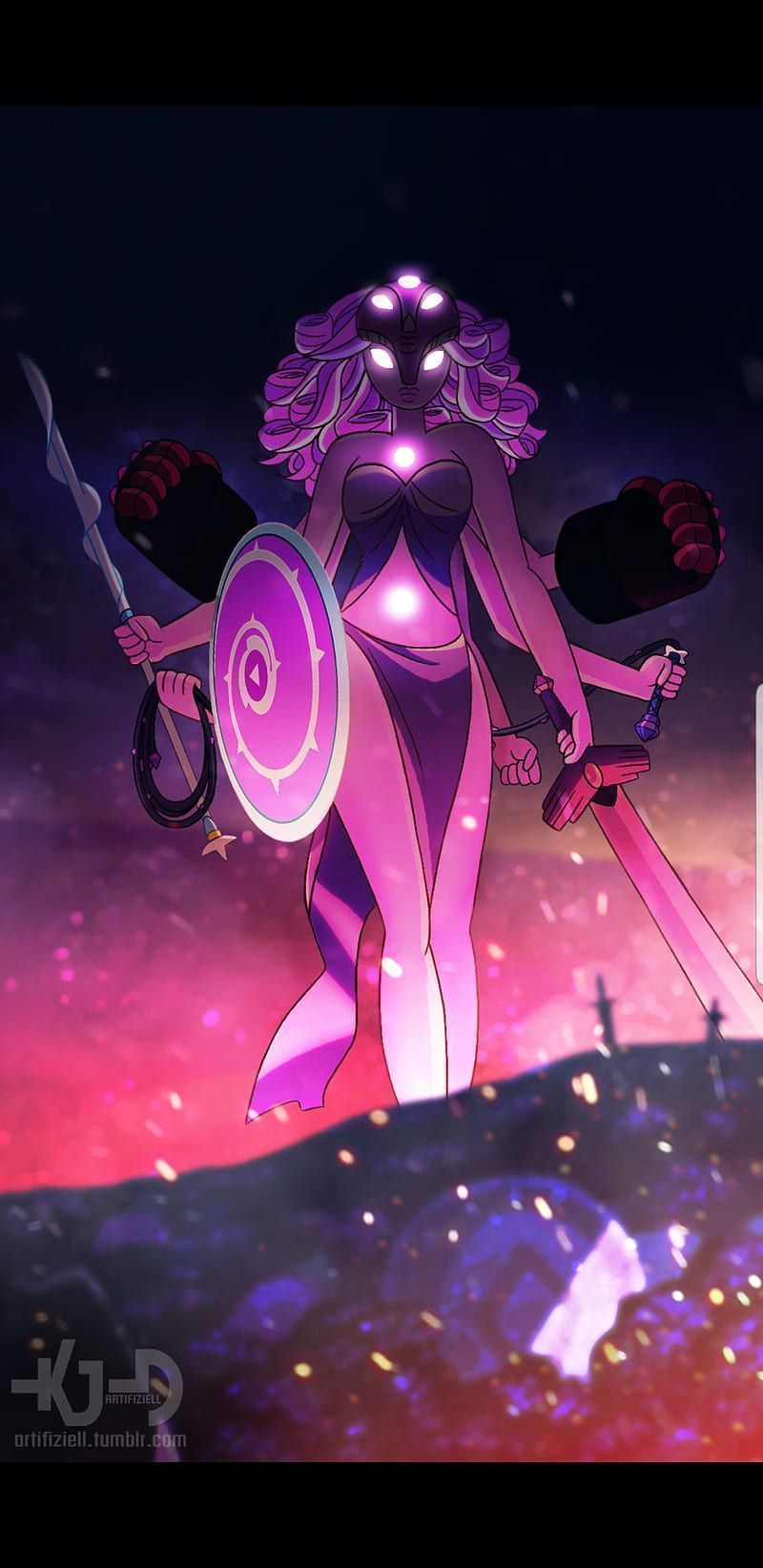 A warrior woman with glowing purple hair, a black bikini, and a shield and two swords. - Steven Universe