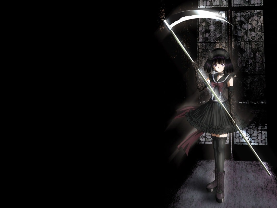 A girl holding an axe and standing in front of dark door - Black anime, dark anime