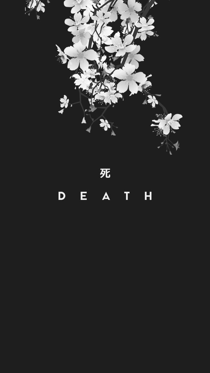 Aesthetic wallpaper phone black and white flowers with the kanji for death. - Black phone