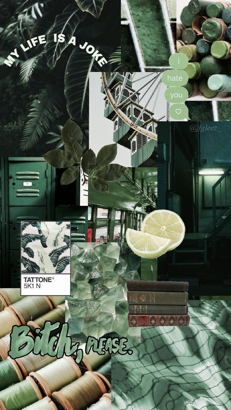 A collage of green and white aesthetic pictures including books, plants, and fruit. - Lime green