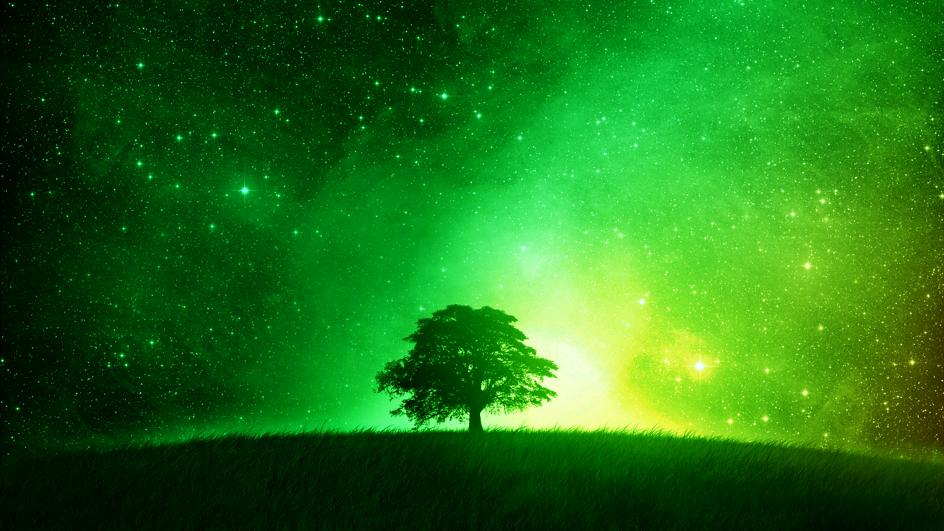 A lone tree on top of the hill with stars - Lime green