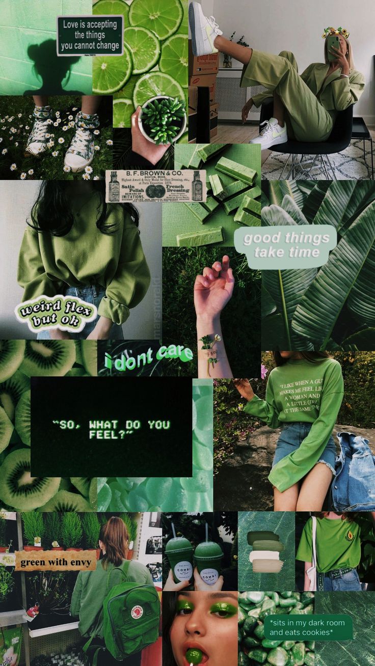 Aesthetic green collage background with photos of plants, fruit, and a woman wearing green makeup. - Lime green