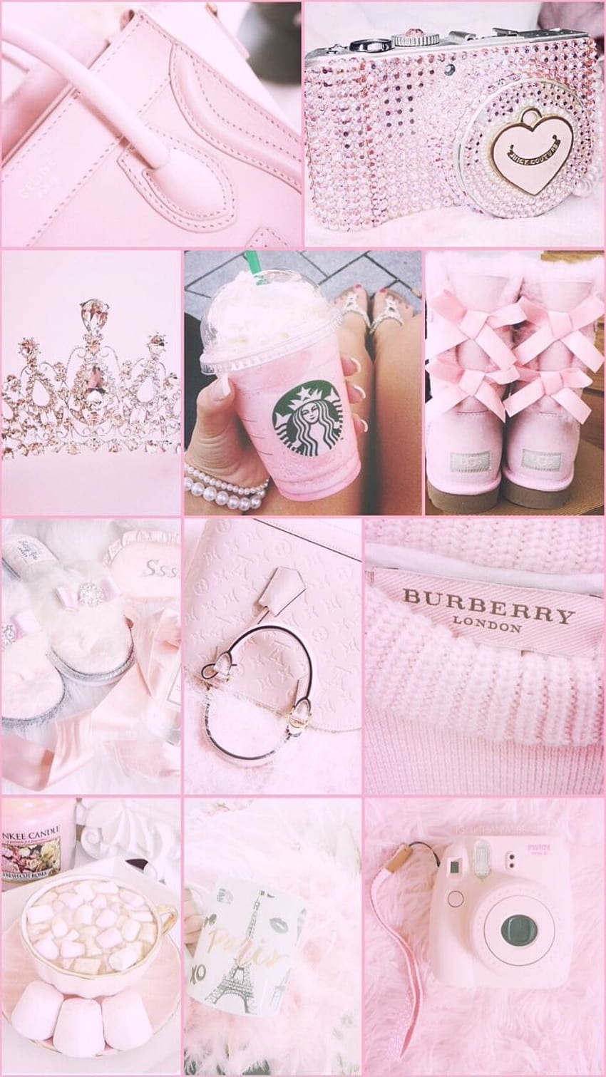 A collage of pink items including a Starbucks drink, a burberry bag, and a polaroid camera - Pink collage, Virgo