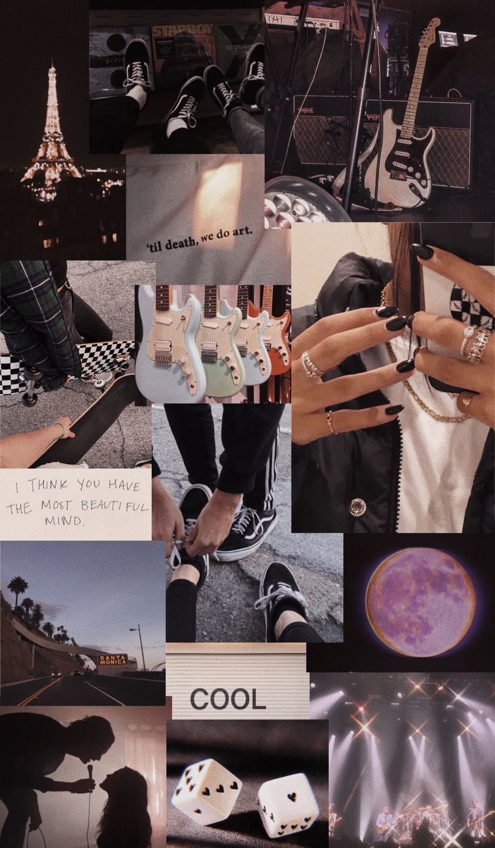 Aesthetic background with pictures of a guitar, dice, and the Eiffel Tower. - Guitar