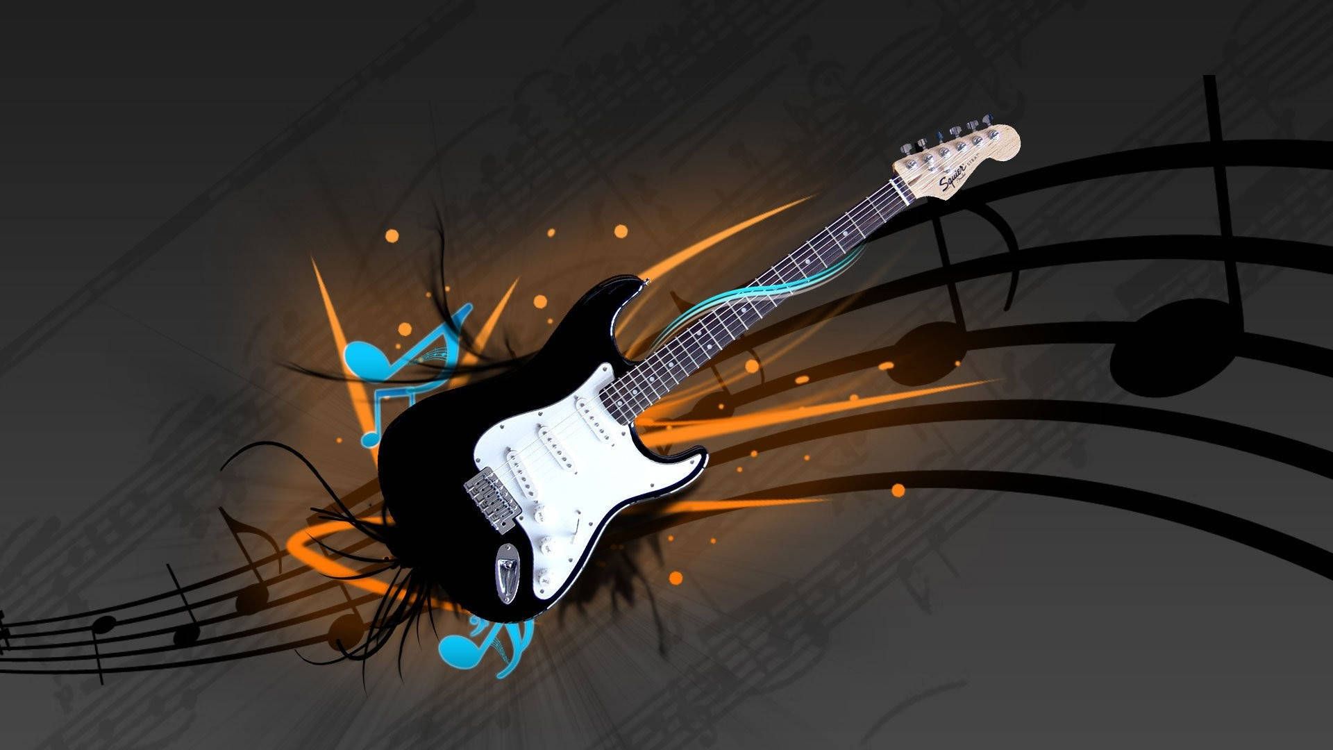 A guitar with music notes and orange lines - Guitar