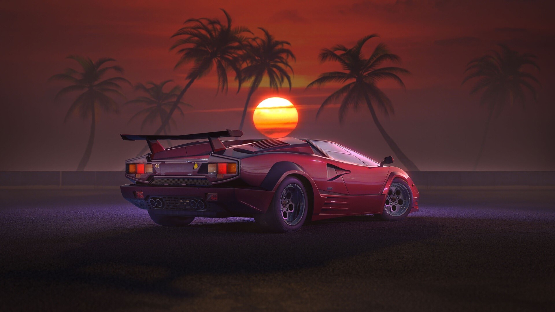 Lamborghini Countach, 80s, retro, sunset, palm trees, art, 1920x1080 wallpaper - Cars