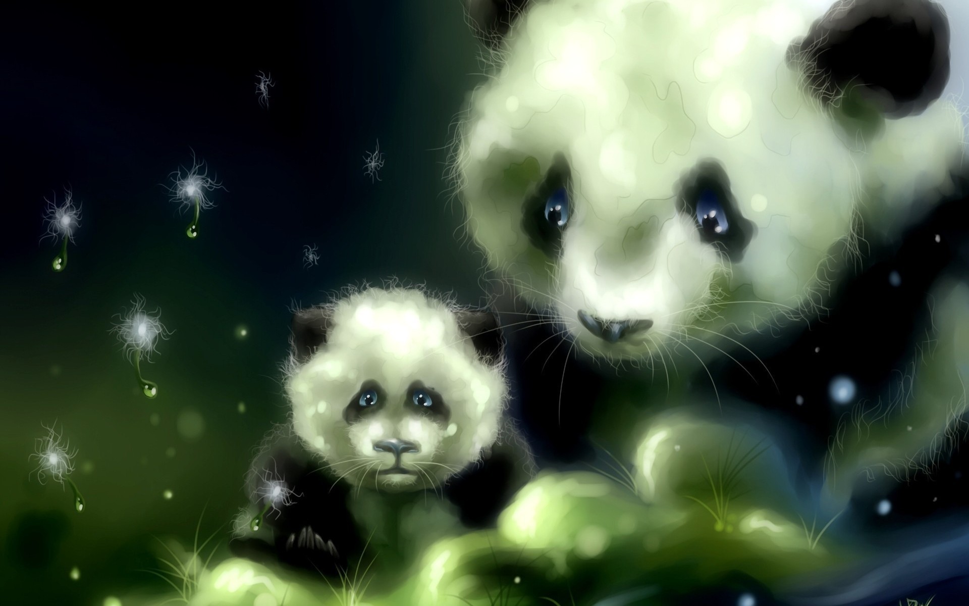 A panda bear and cub are seen in this artistic image. - Panda