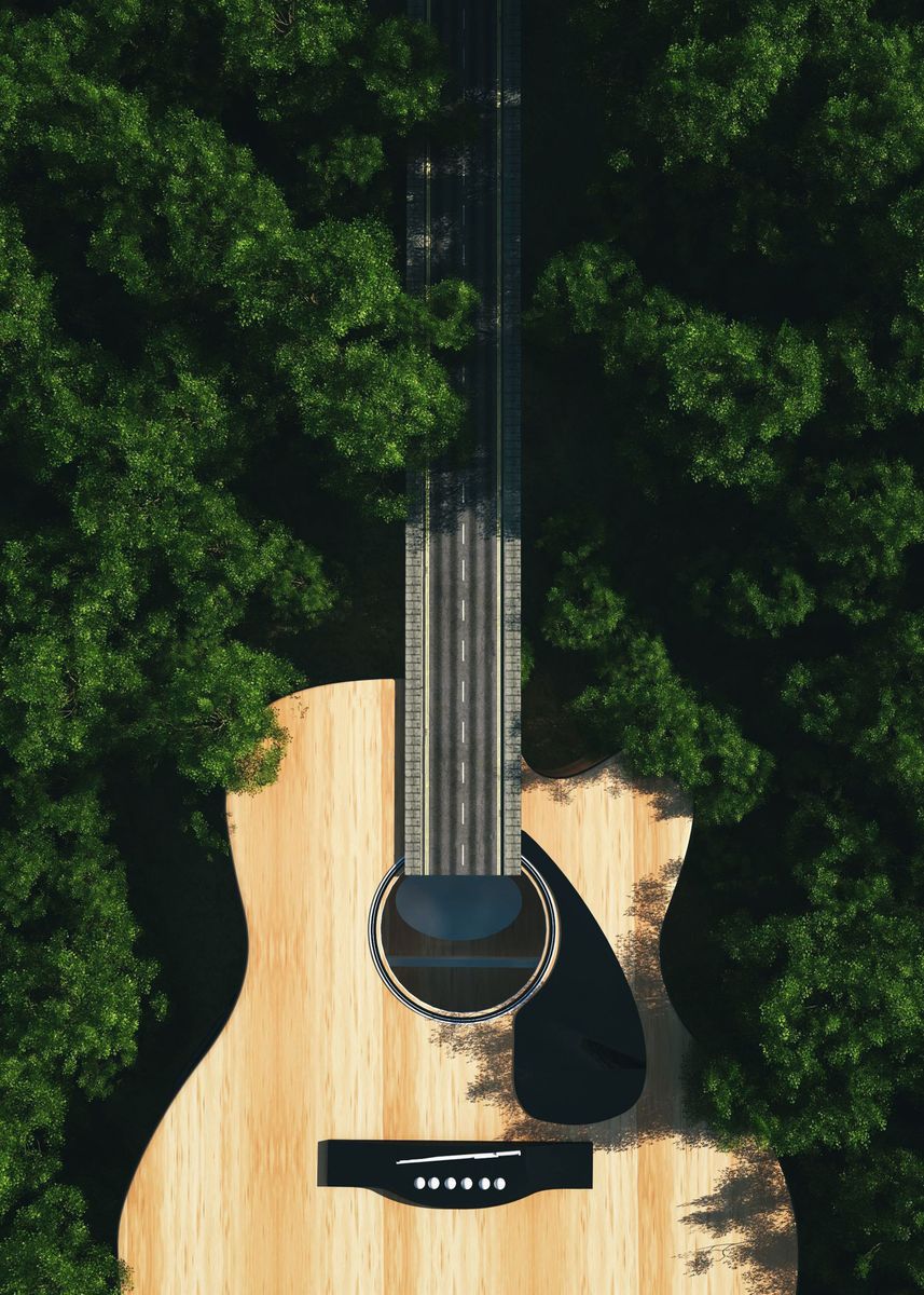 A drone shot of a guitar in the middle of a forest. - Guitar