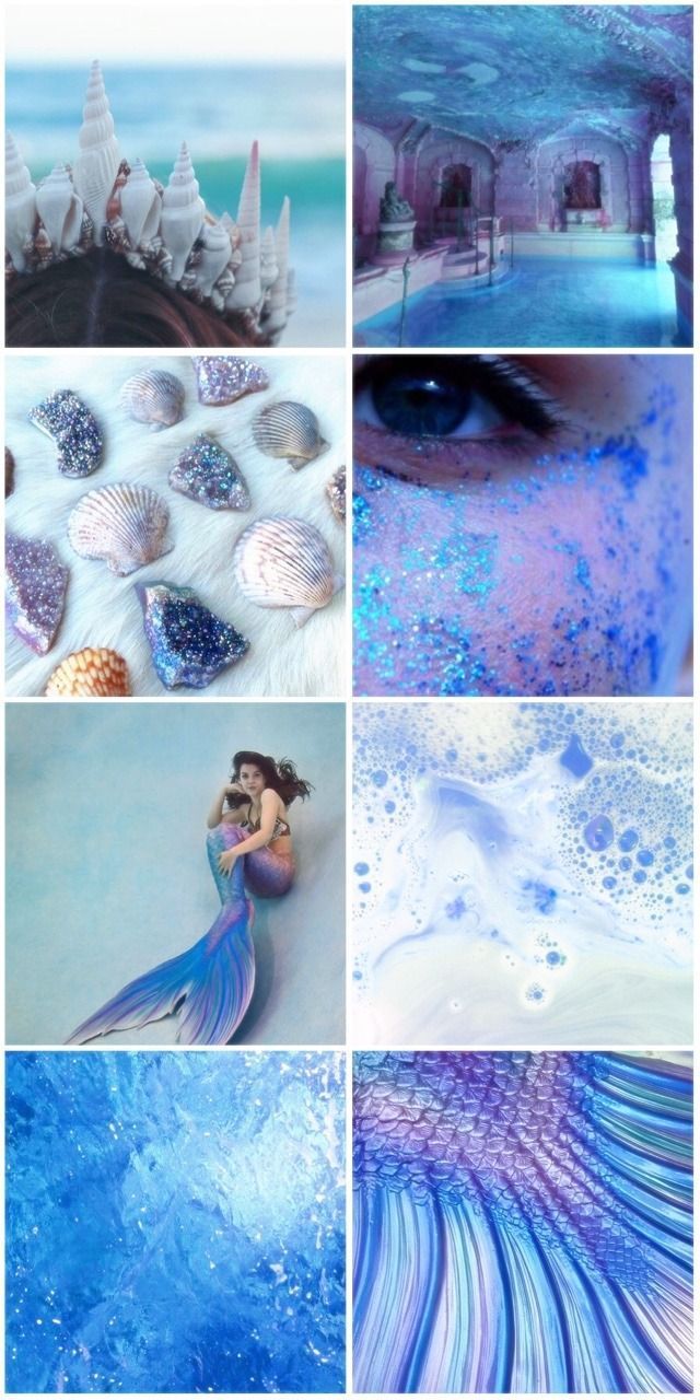A collage of images of mermaids, seashells, and water. - Mermaid