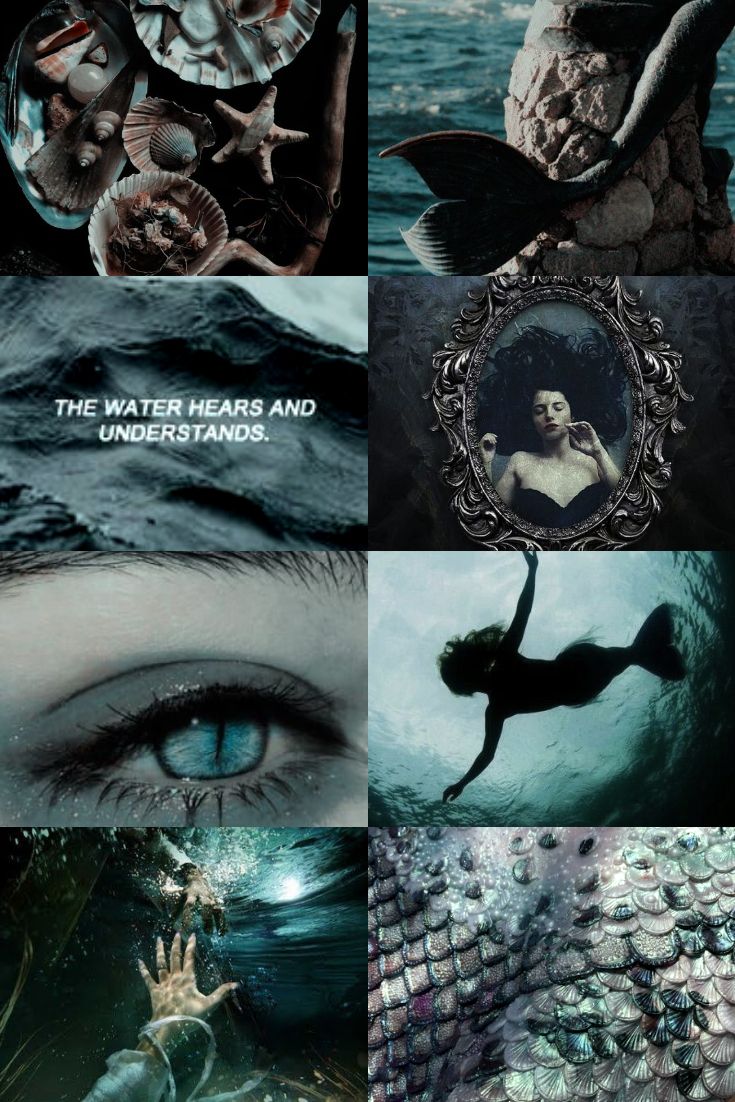 A collage of images of the sea, including a mermaid's eye, a shell, and a girl swimming. - Mermaid