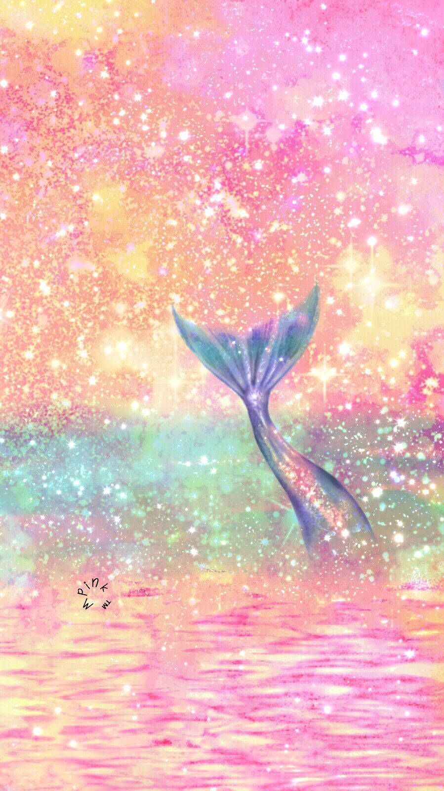A whale in the water with stars and pink clouds - Mermaid
