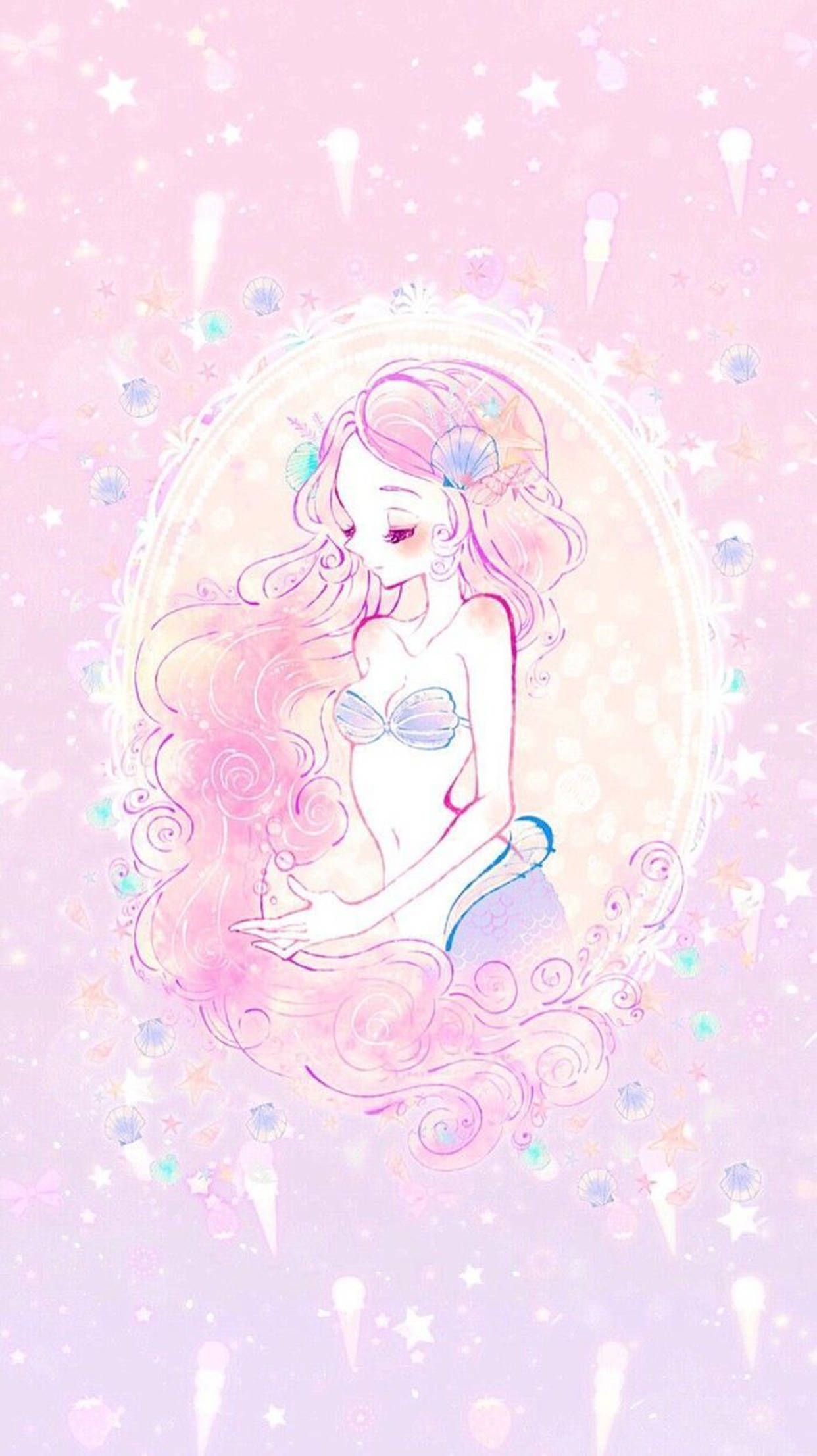 A cute mermaid girl with pink hair and stars - Mermaid
