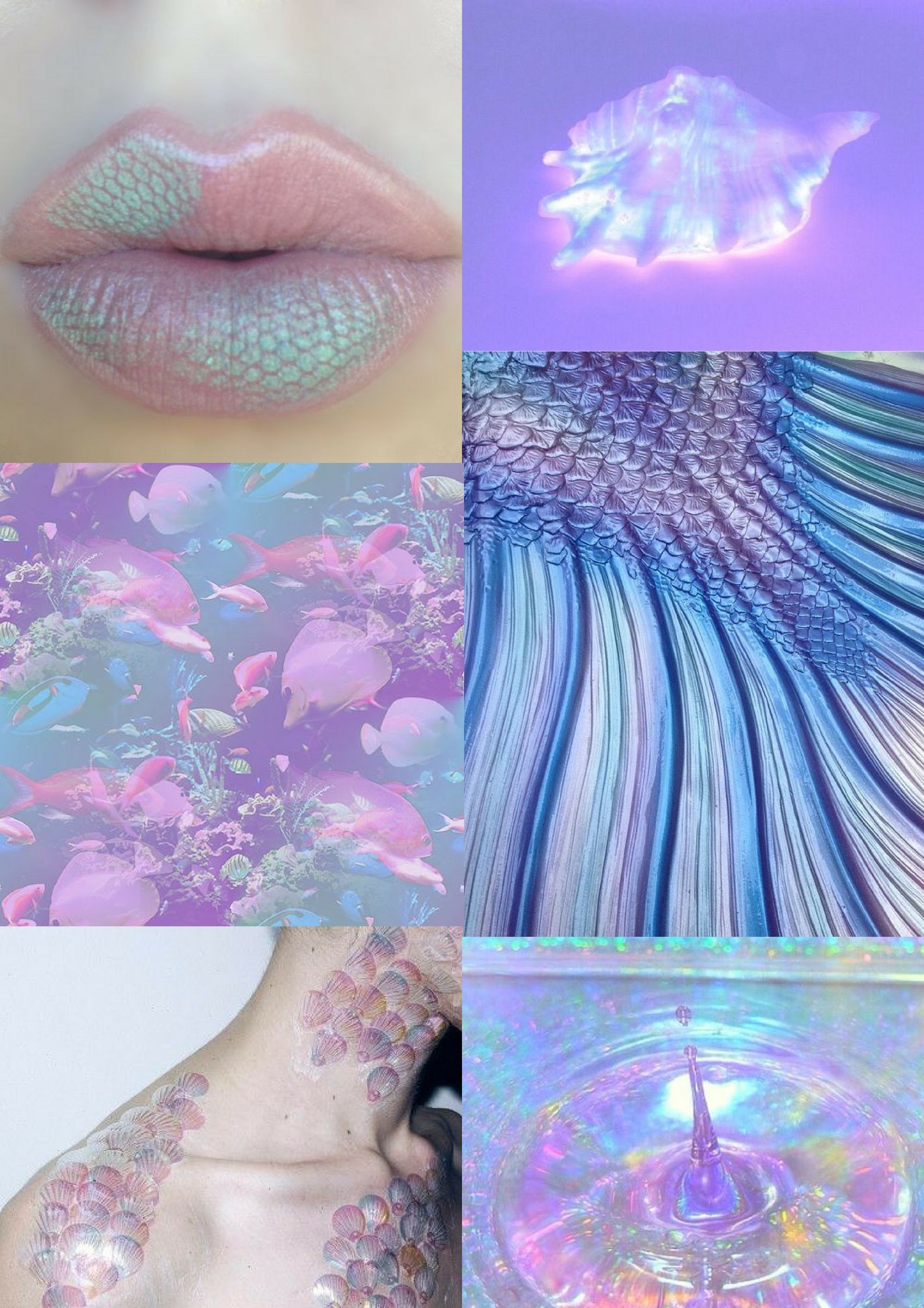 Aesthetic collage of mermaid images including lips, shells, and scales - Mermaid