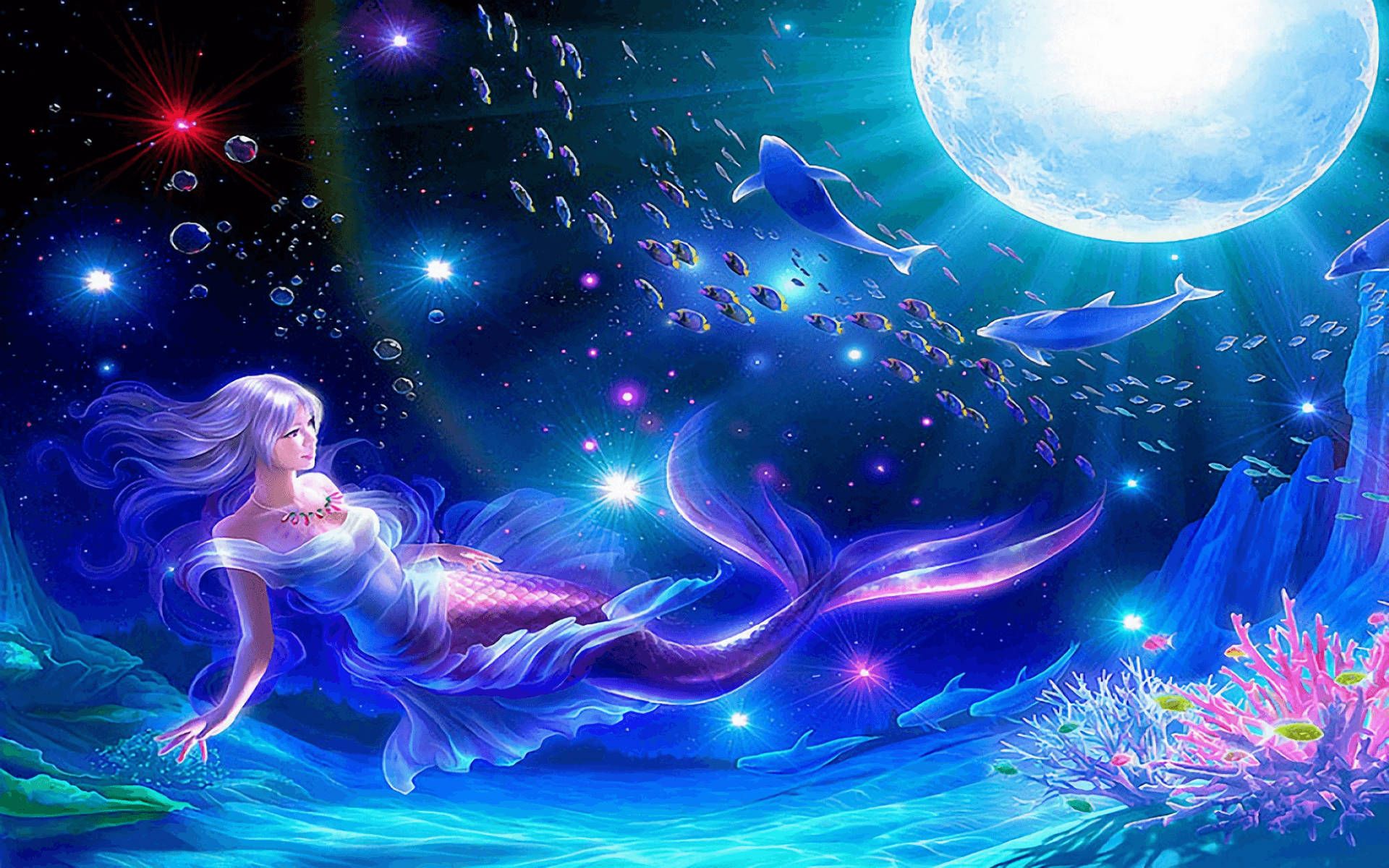 A mermaid with purple hair and a blue tail swims in the ocean. - Mermaid